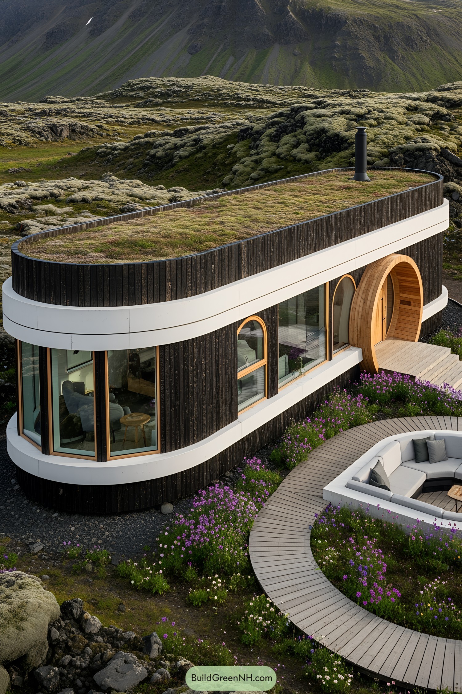 Curved modern cottage with grass roof in Icelandic mountains