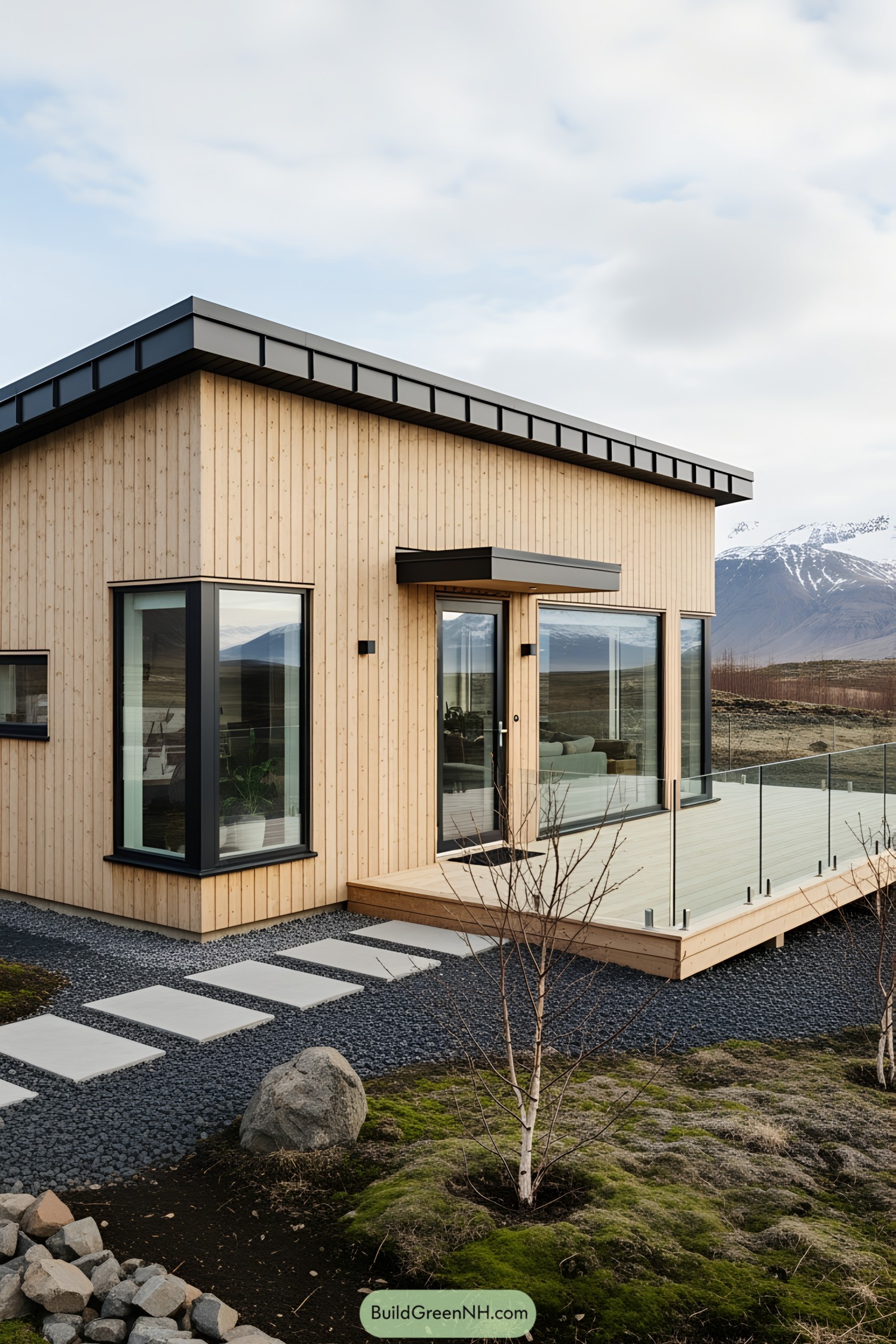 Modern wooden cabin with glass terrace and mountain backdrop
