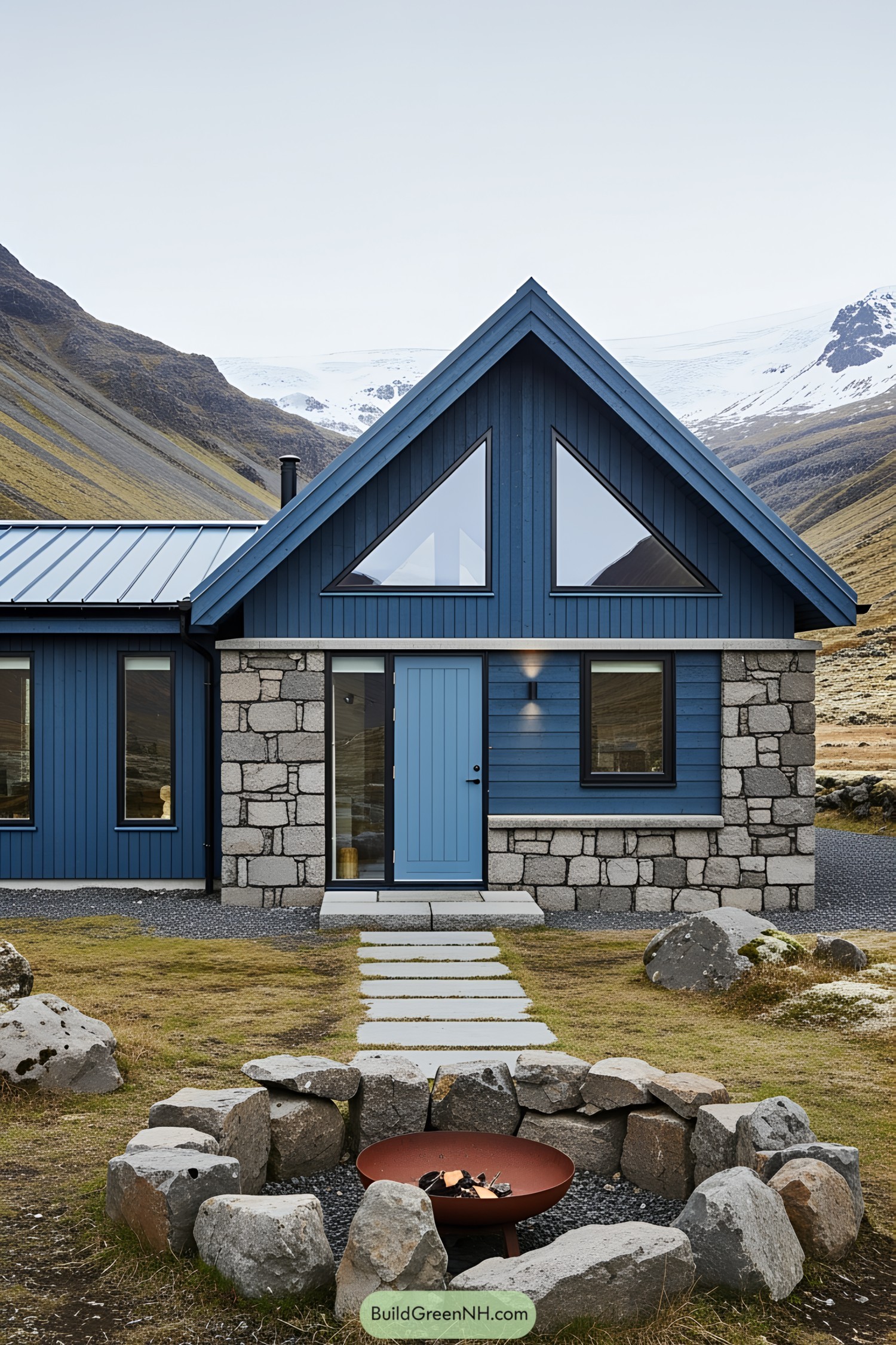 A modern blue cabin in mountain scenery