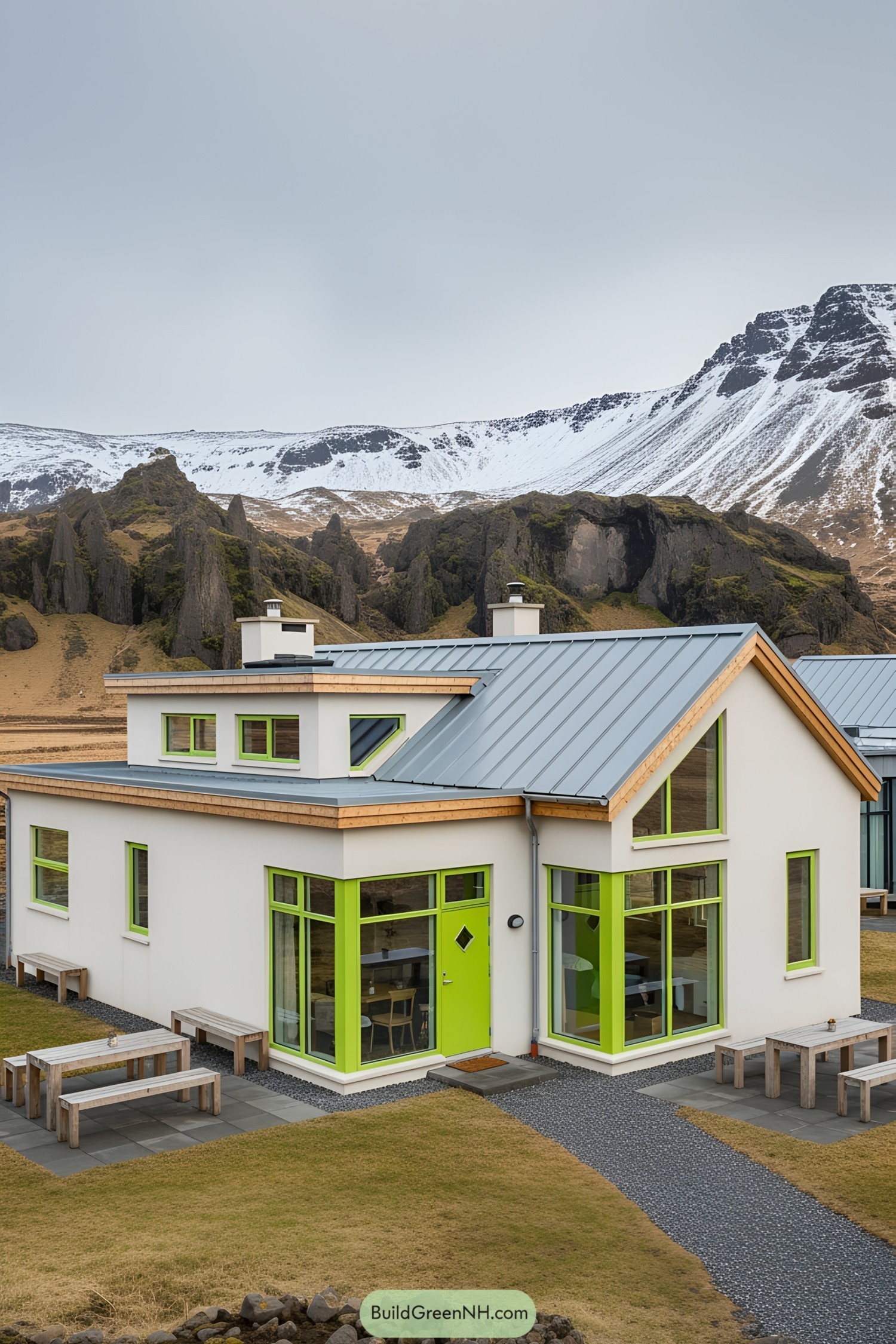 Modern cottage with vivid windows in Icelandic mountains