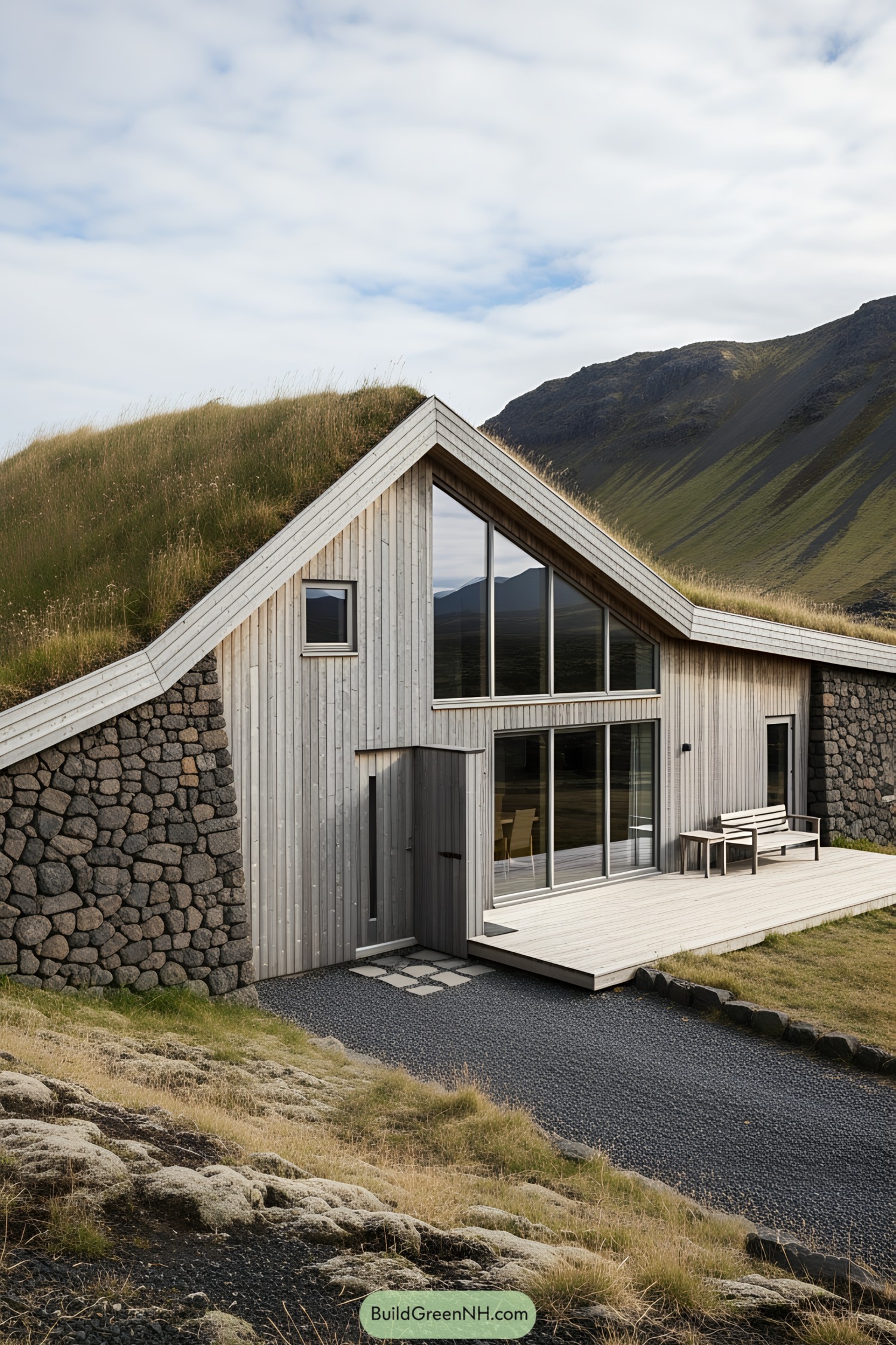 Modern mountain cottage with grass roof in Icelandic landscape