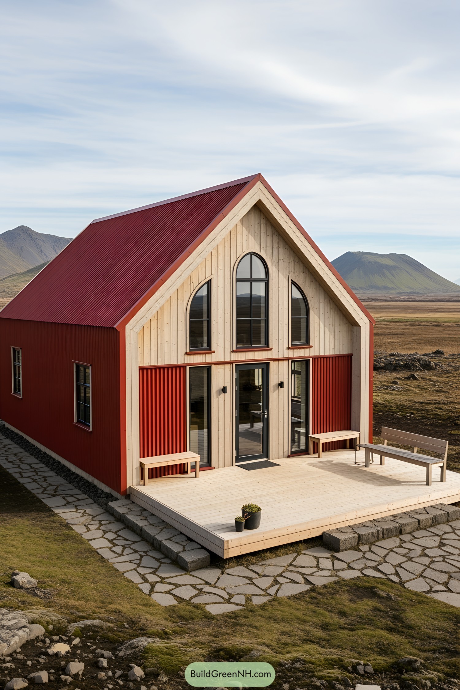 Modern mountain cottage with red accents in Icelandic landscape