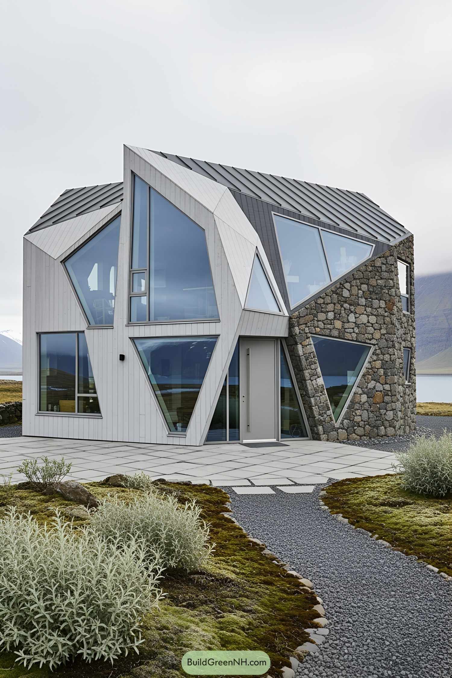 Modern cottage with angular architecture and stone facade