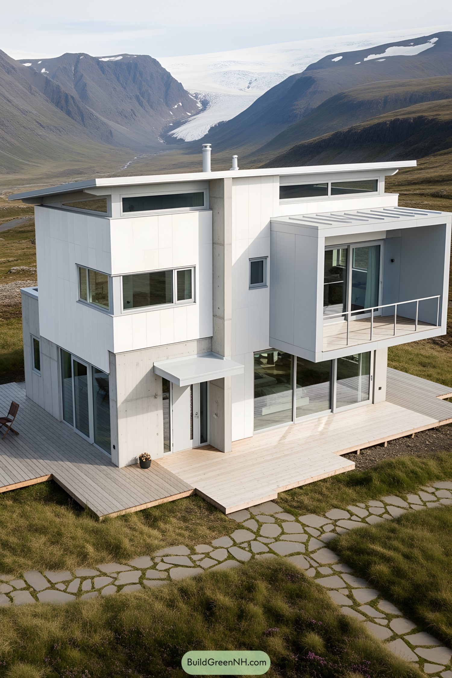 Modern mountain cottage with sleek design and clean angles in an Icelandic landscape