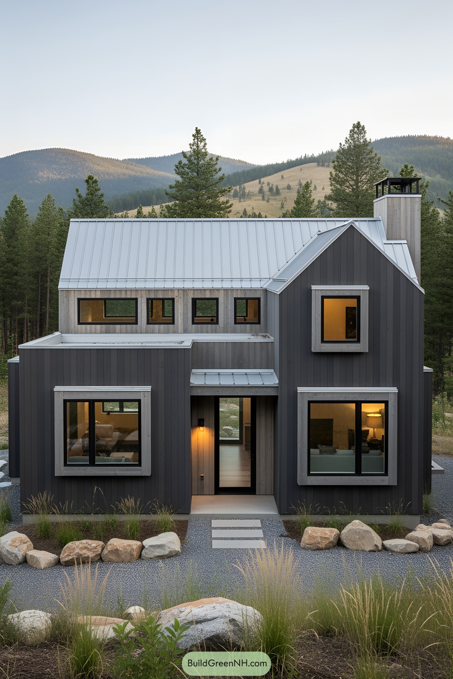 Modern mountain cabin with large windows and metal roof