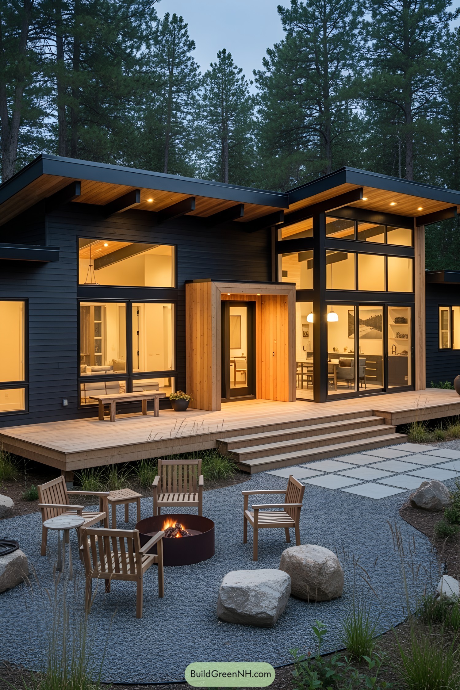 Modern mountain cottage with large windows and outdoor seating