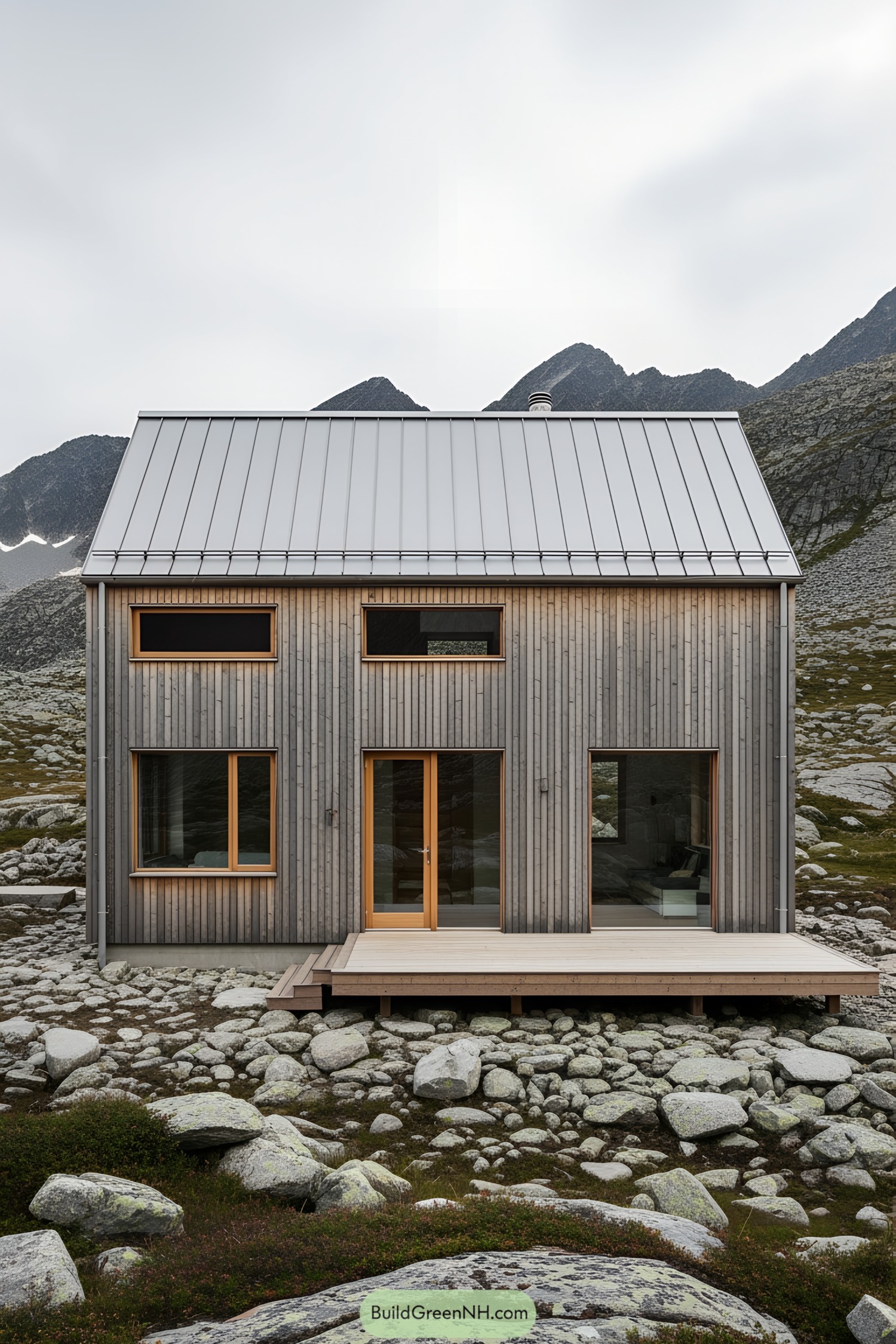 Modern wooden cottage amidst rocky mountain terrain