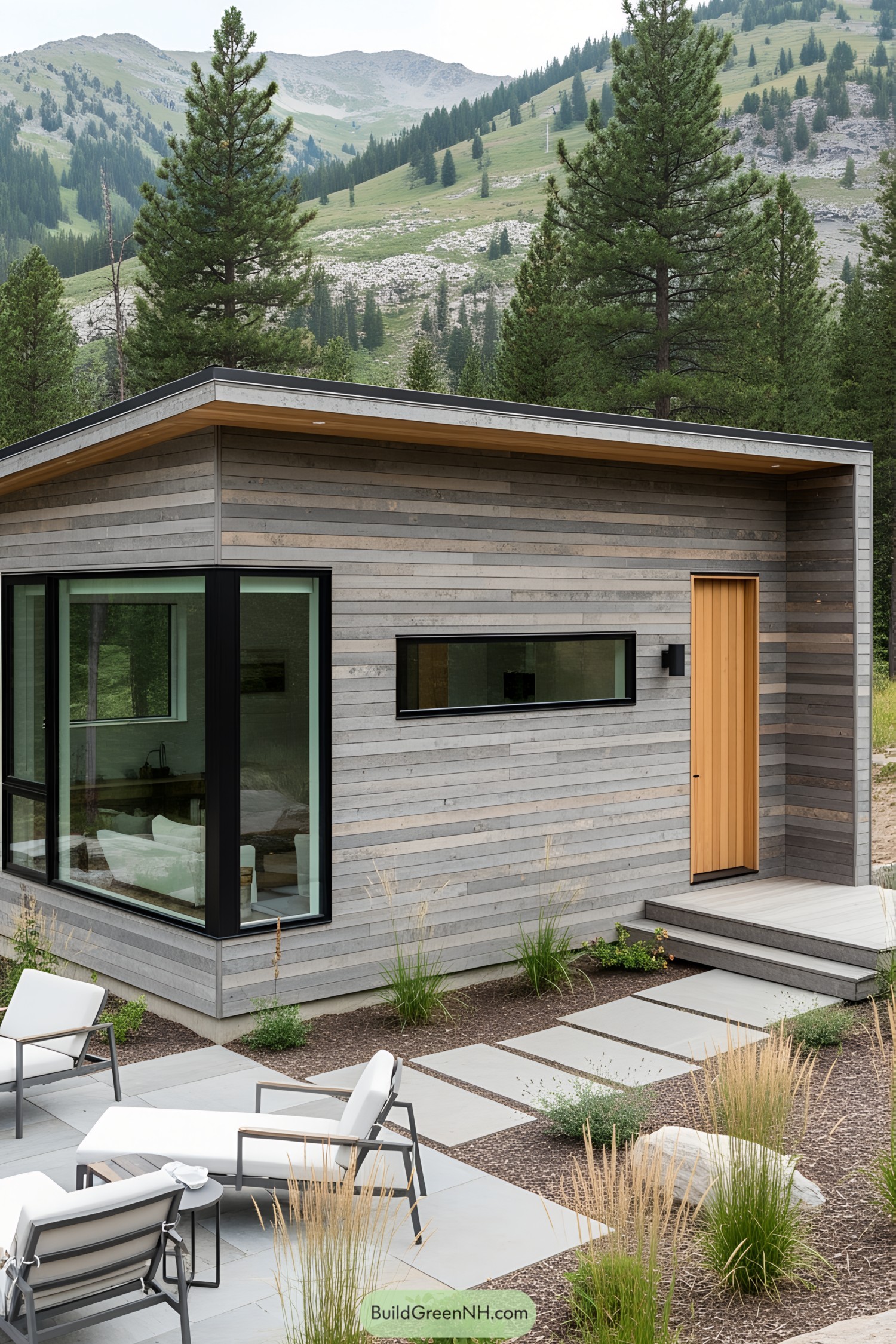 Modern mountain cottage with large windows and patio seating