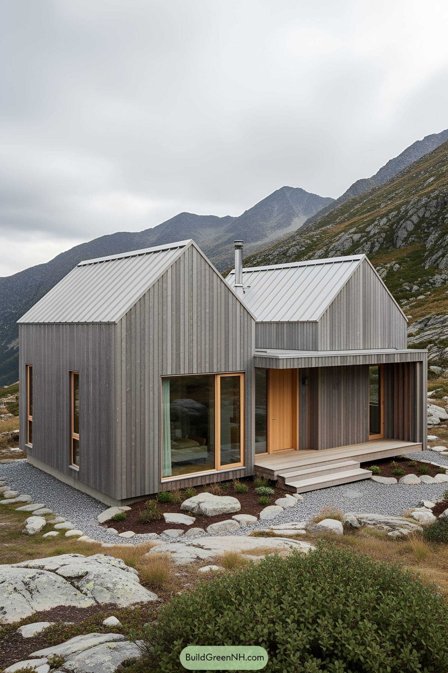 A sleek wooden cottage nestled in the mountains