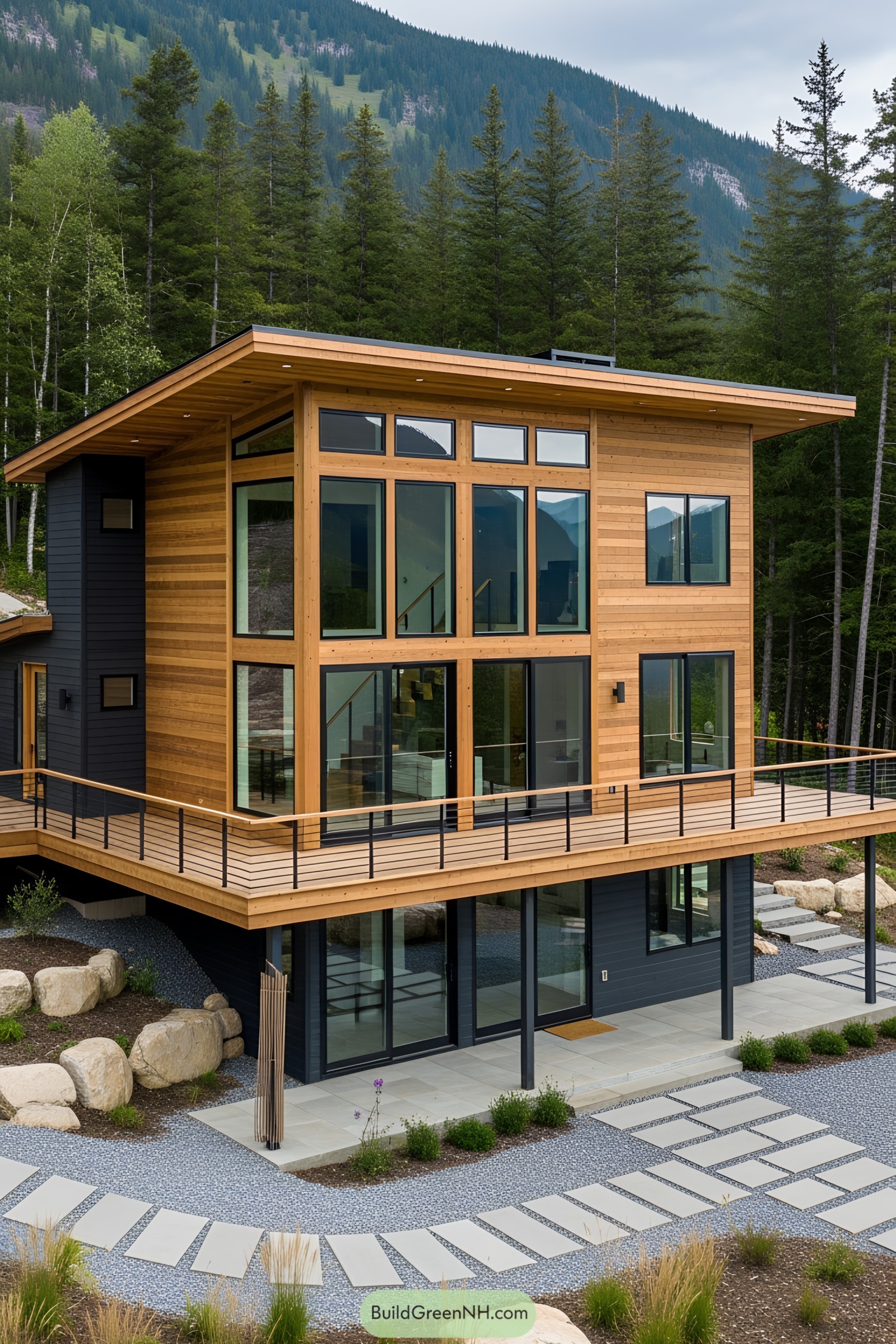 Modern wooden cottage with large windows amidst a forested landscape
