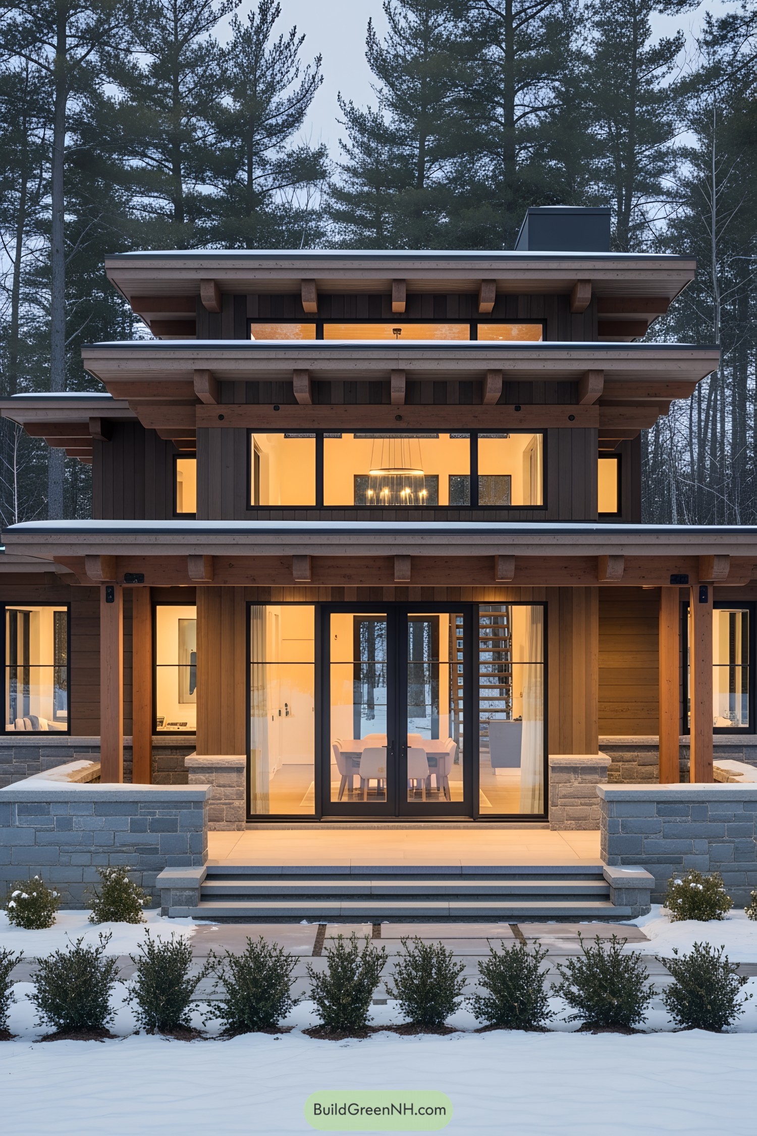 Modern cabin with snow-covered landscape