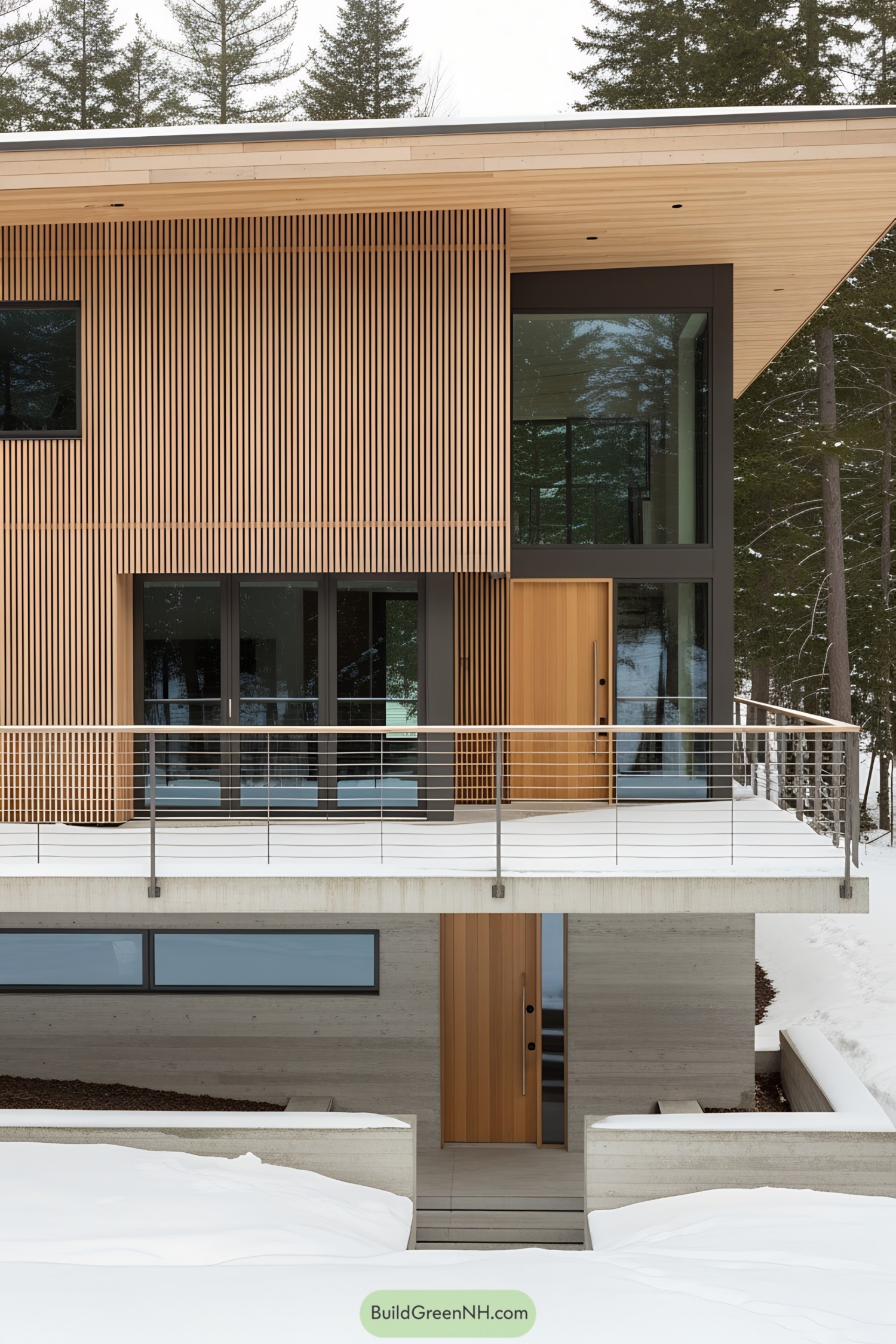 Modern mountain cottage with wooden slat facade and snowy surroundings