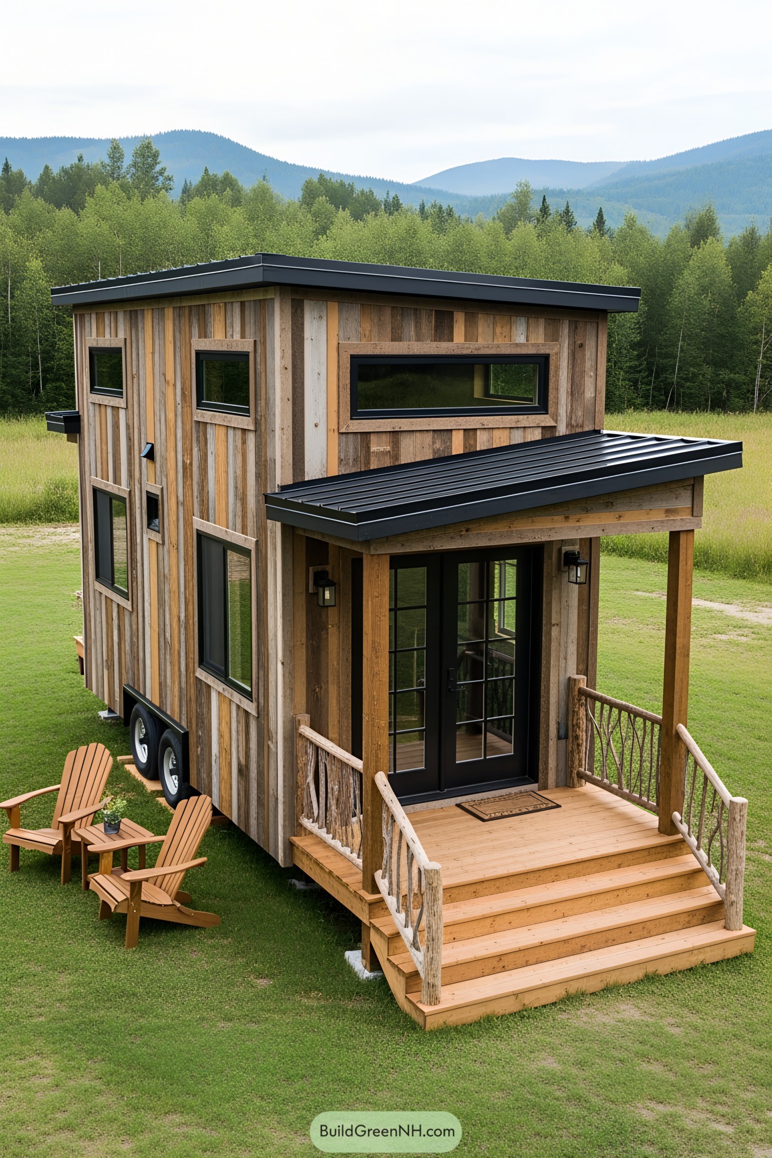 Tiny house with wooden siding in a grassy field