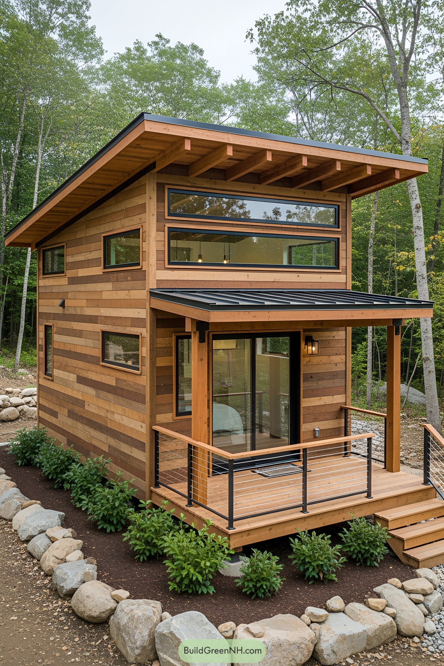 A cozy modern rustic tiny house nestled in the woods with large windows and a wooden porch