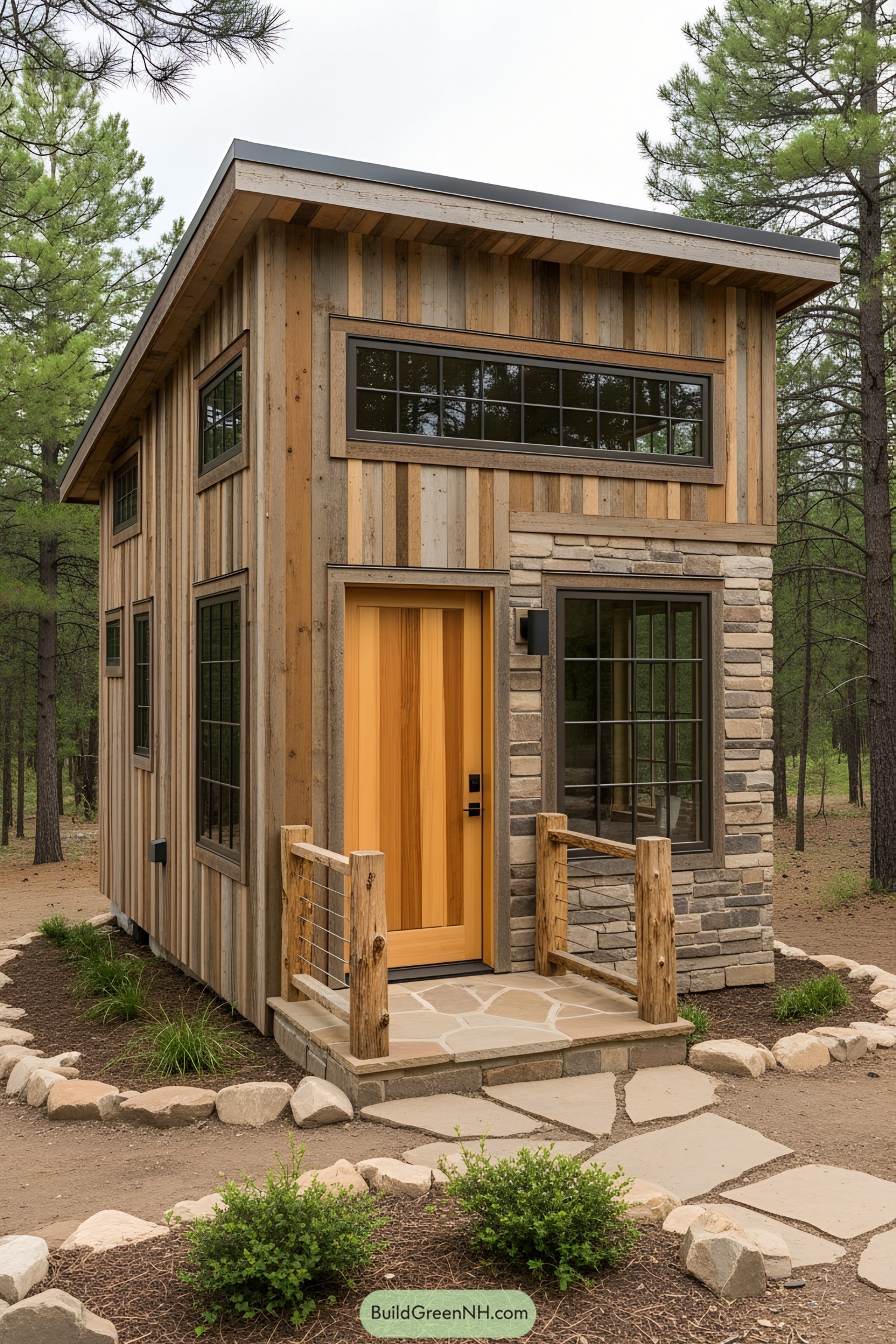 Tiny rustic house with stone and wood exterior in a forest setting