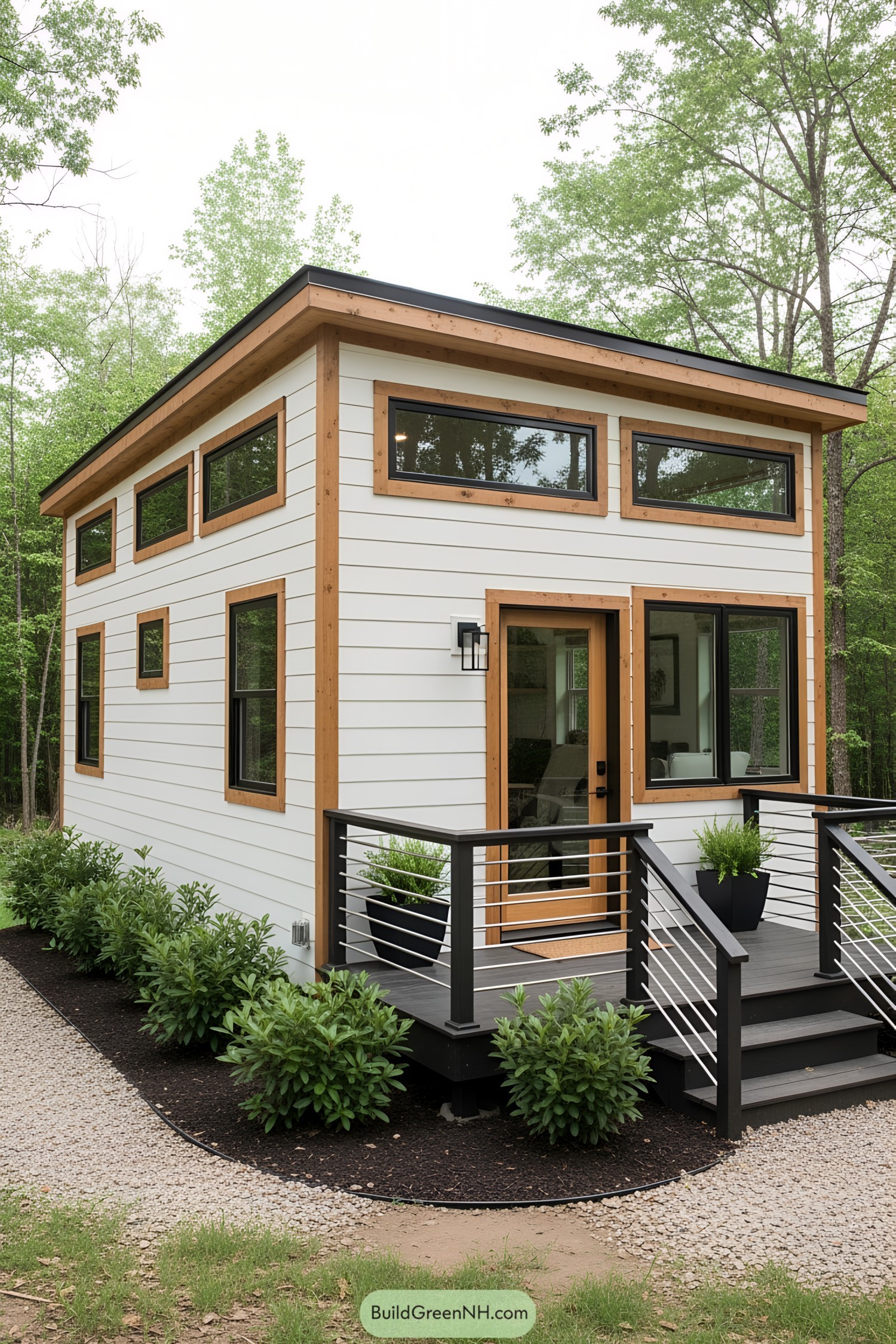 Compact wooden house with metal railings and plants