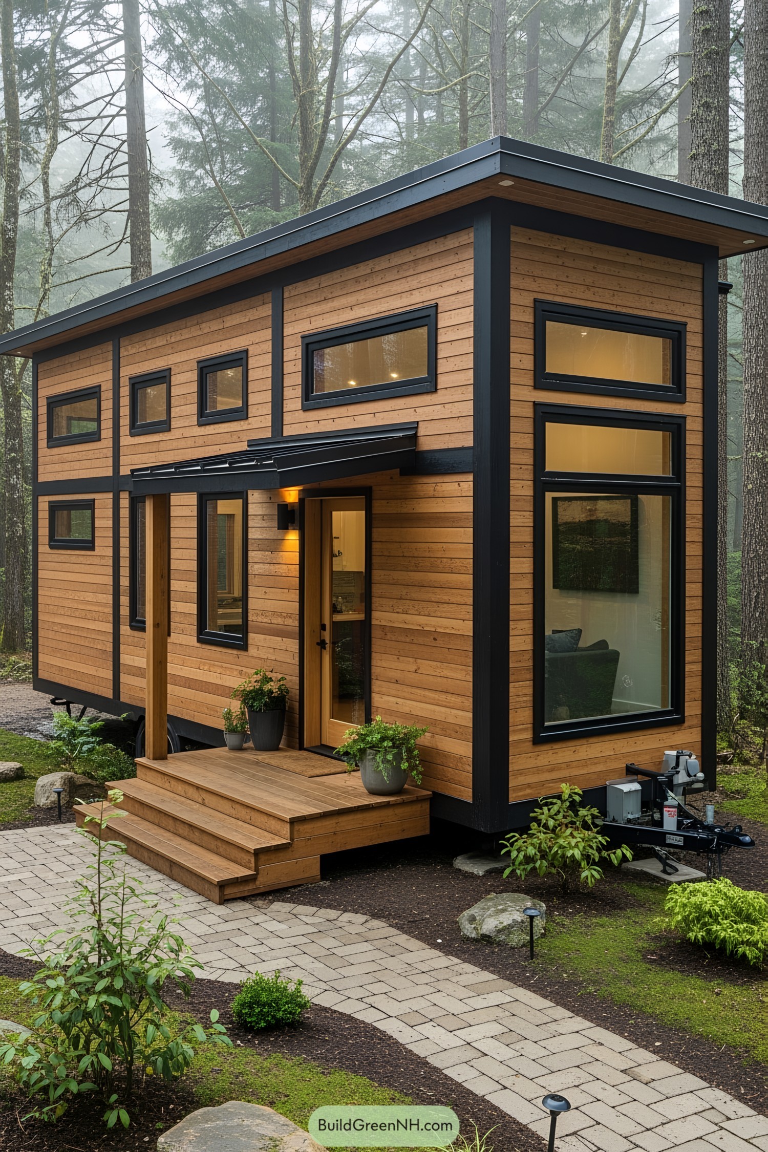 Compact wooden house with large windows set in a forest