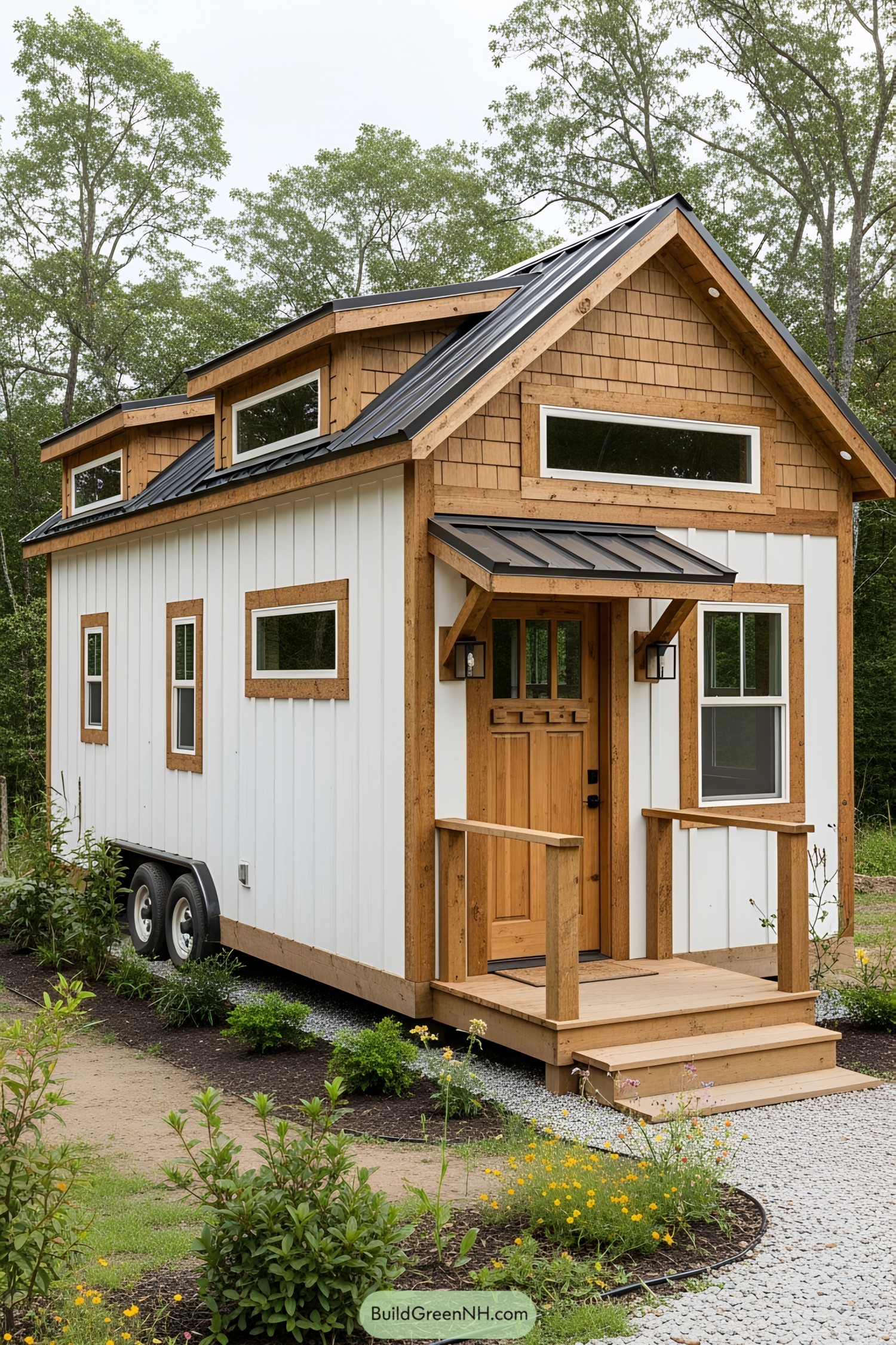 Compact wooden tiny house with white paneling