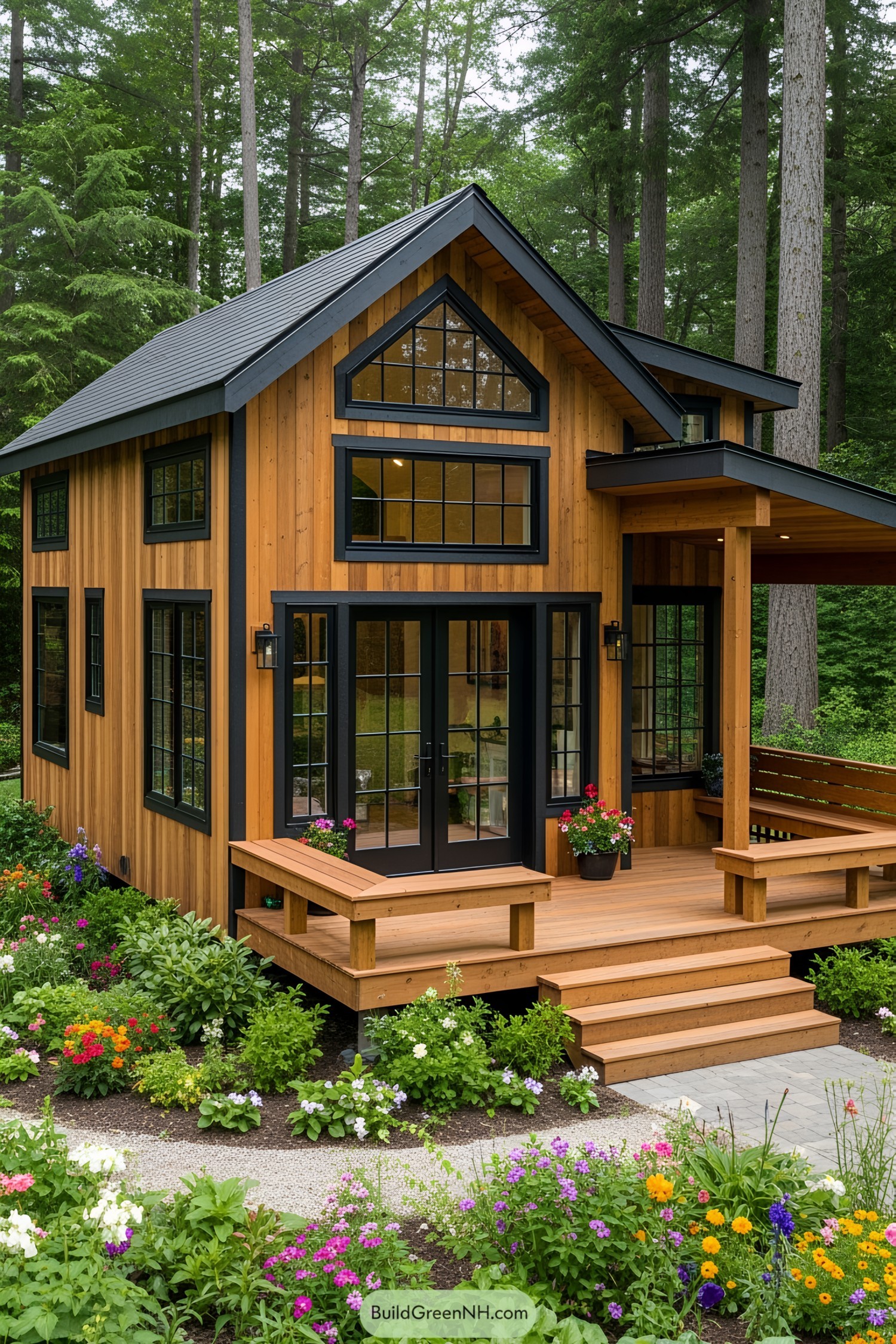 A charming wooden tiny house surrounded by a colorful garden