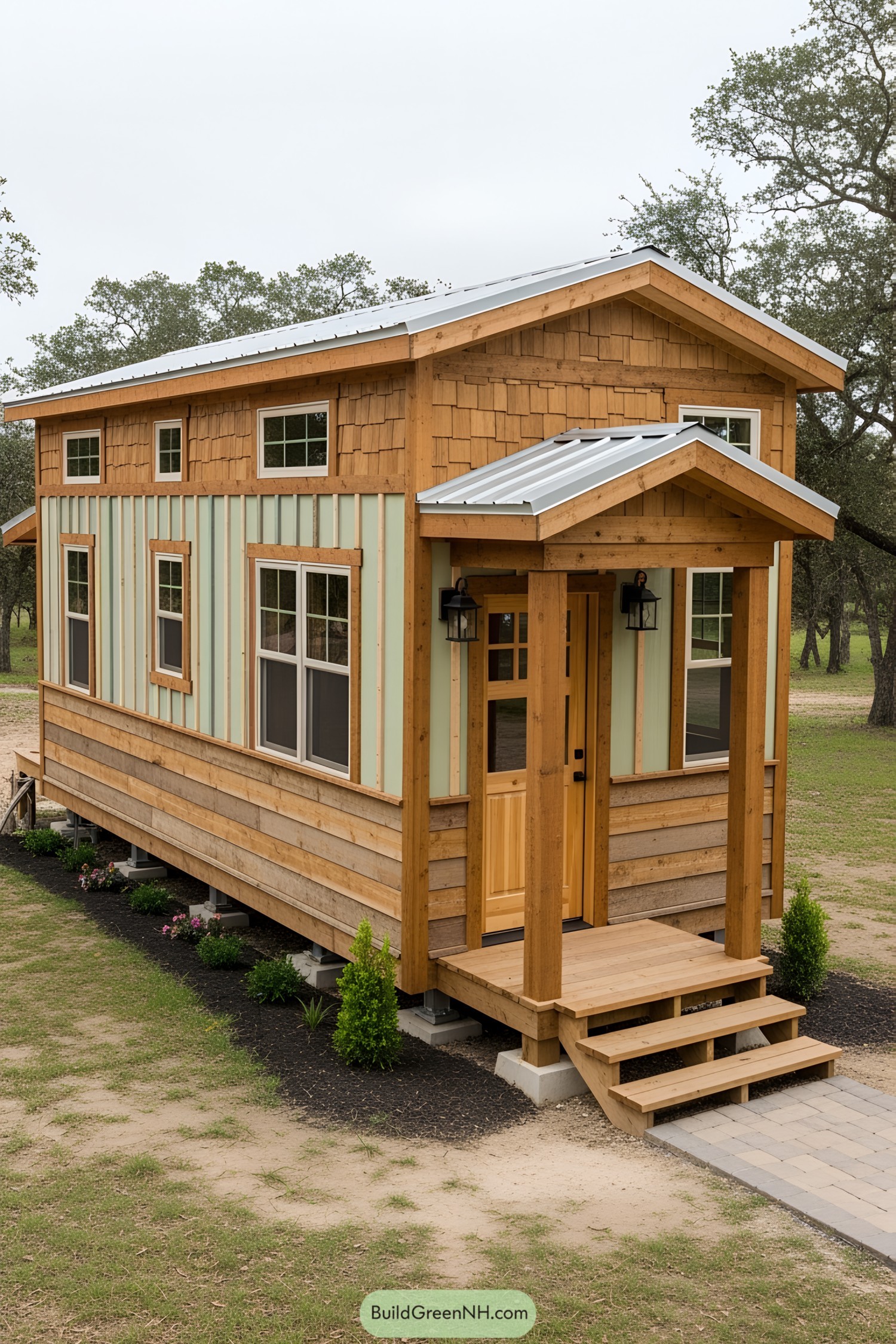 Charming tiny house with wooden siding and metal roof, nestled among trees