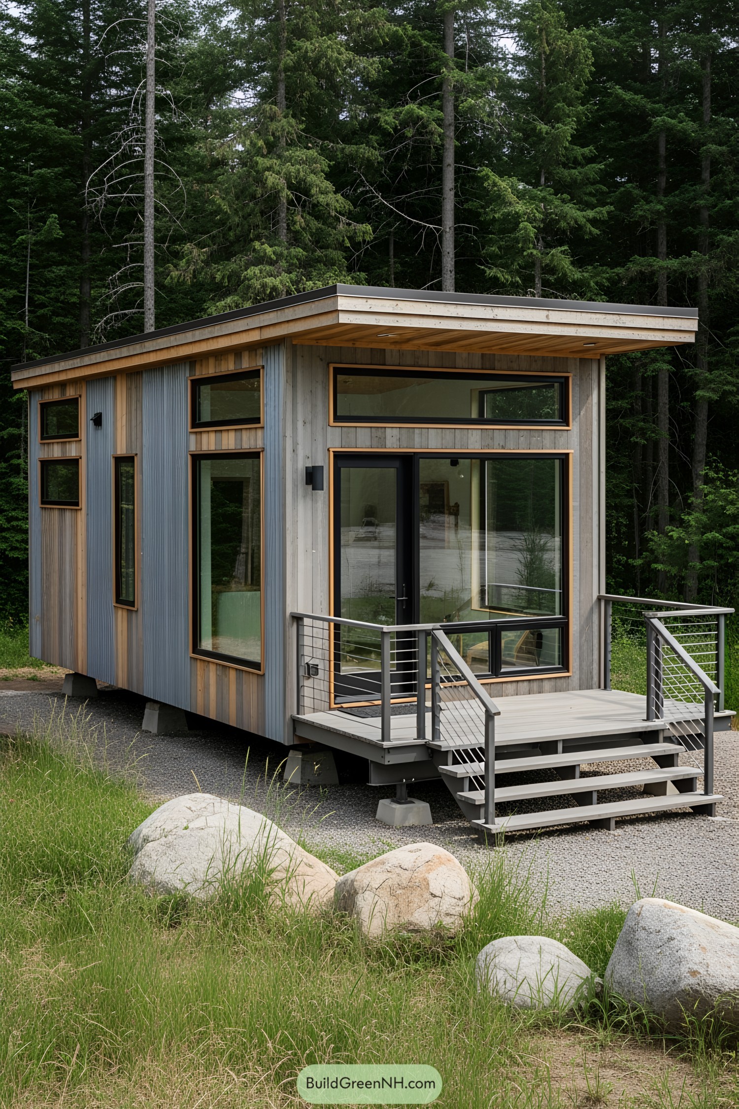 Small rustic tiny house with a modern touch in a wooded area