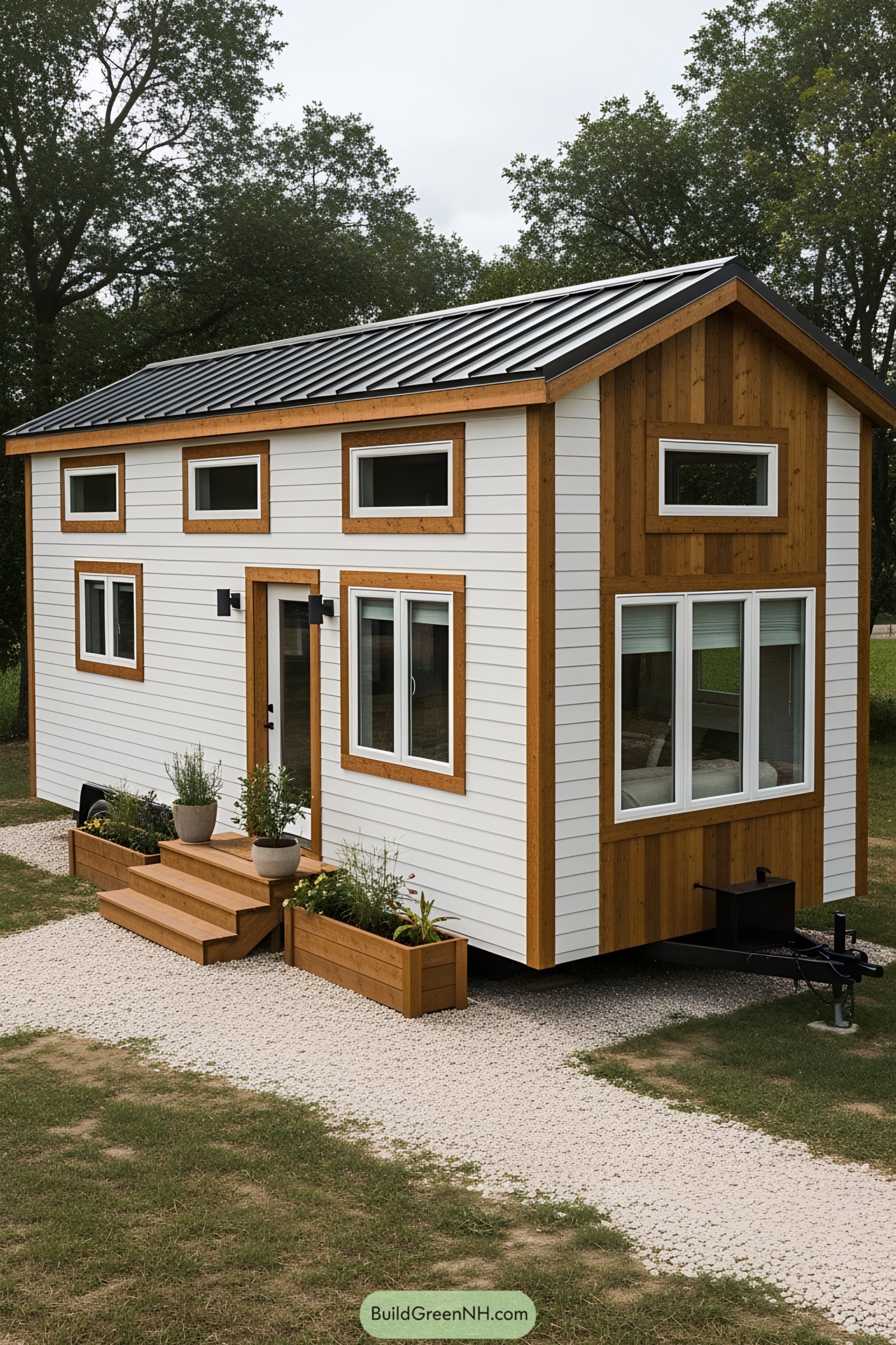 Compact wooden tiny house with white siding and large windows