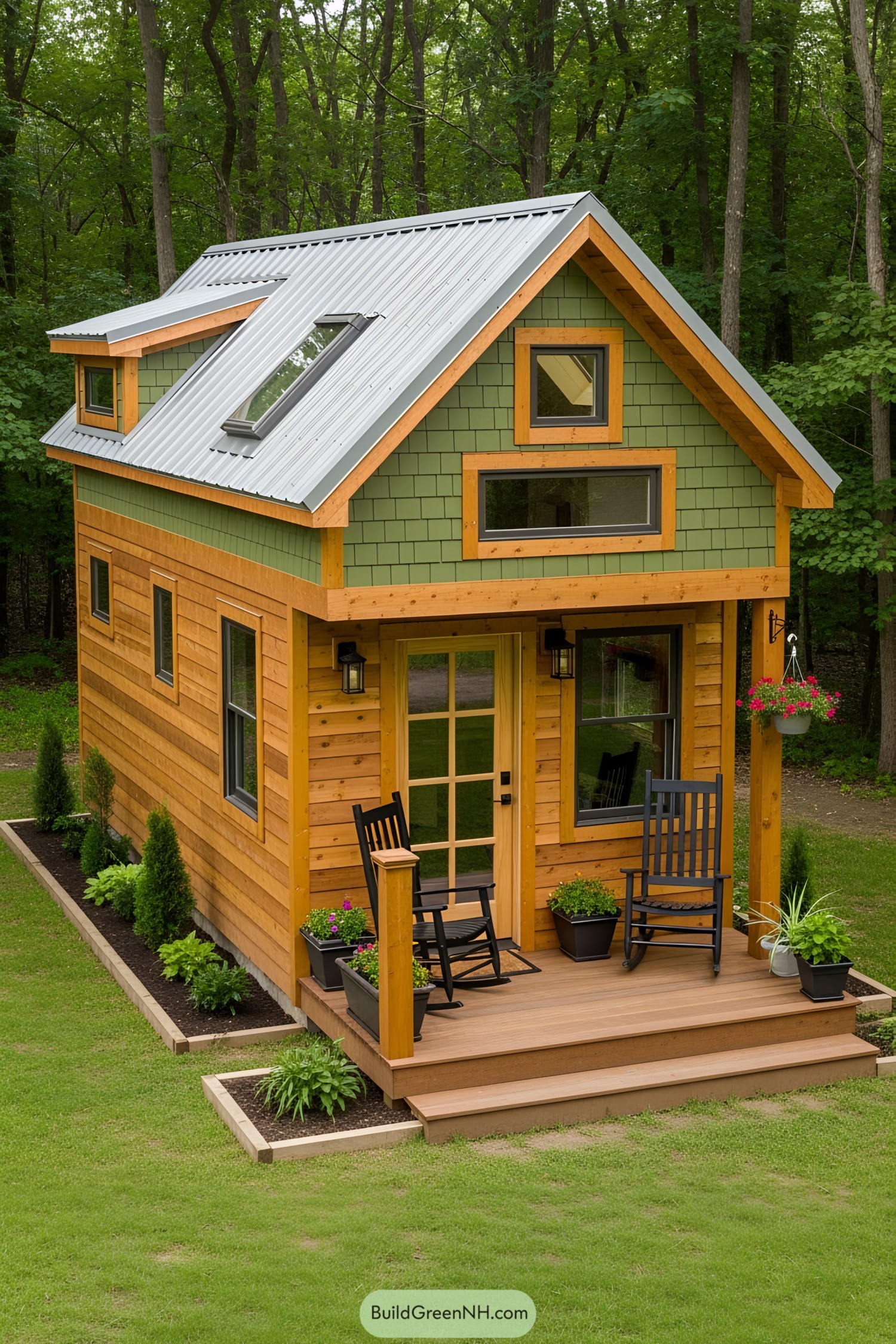 Charming tiny house with a green and wooden exterior in a forest setting