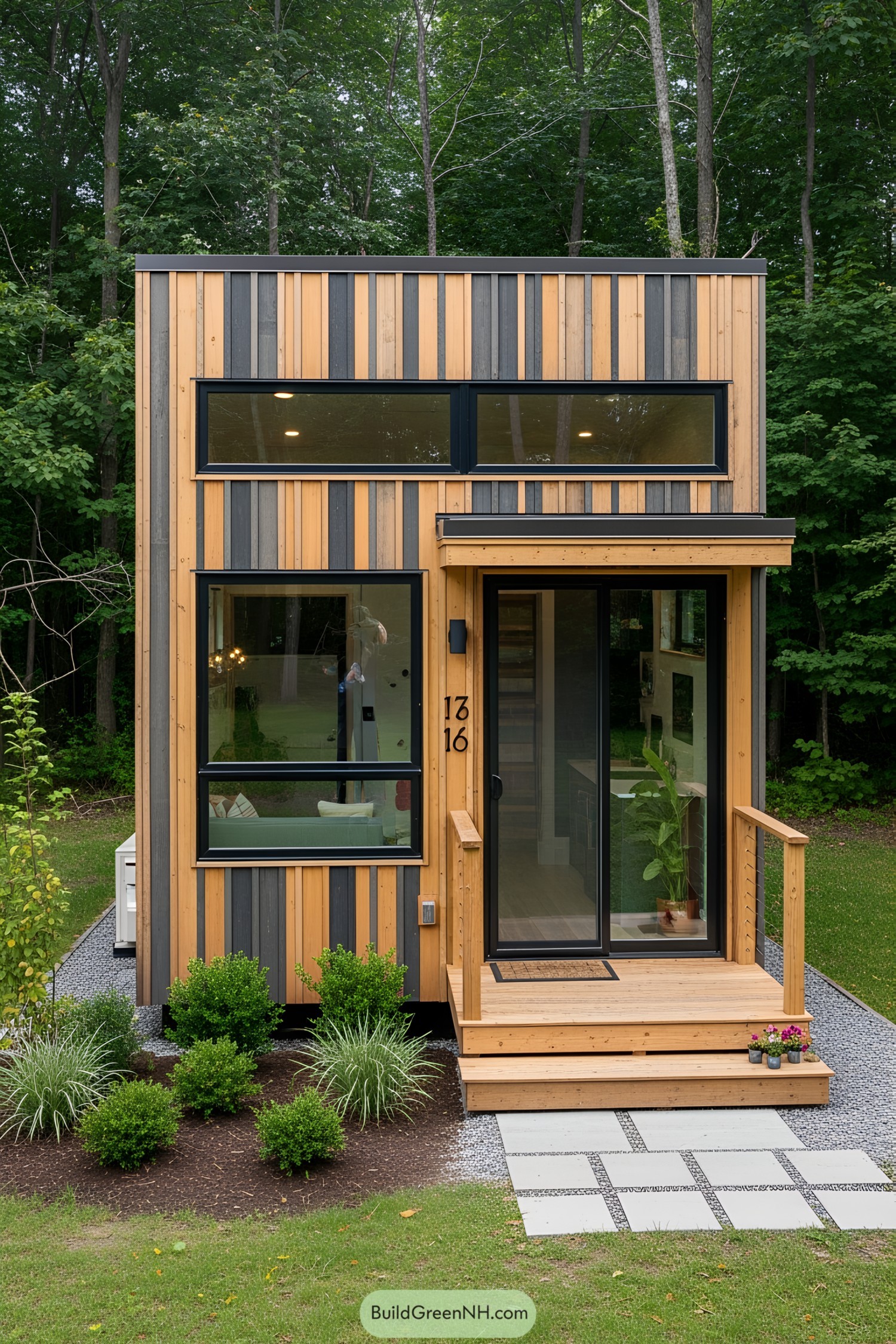 Wooden tiny house with glass door and vibrant plant life