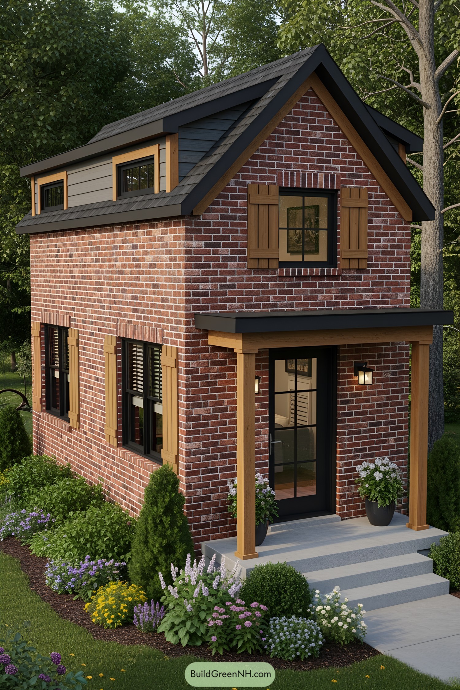 Brick tiny house with wooden accents and a lush garden