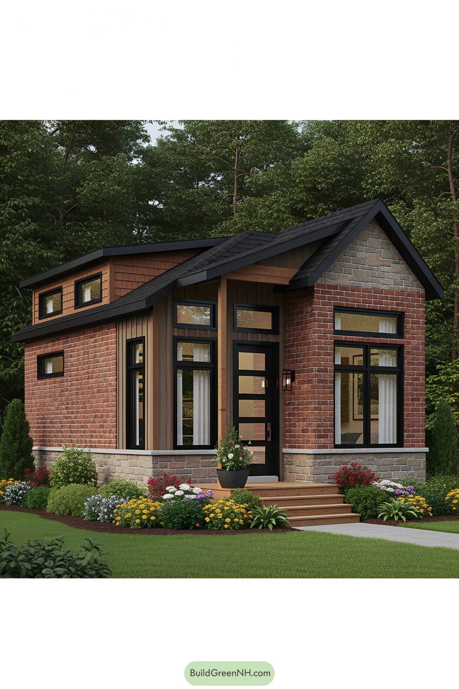 Charming brick tiny house with large windows and lush garden