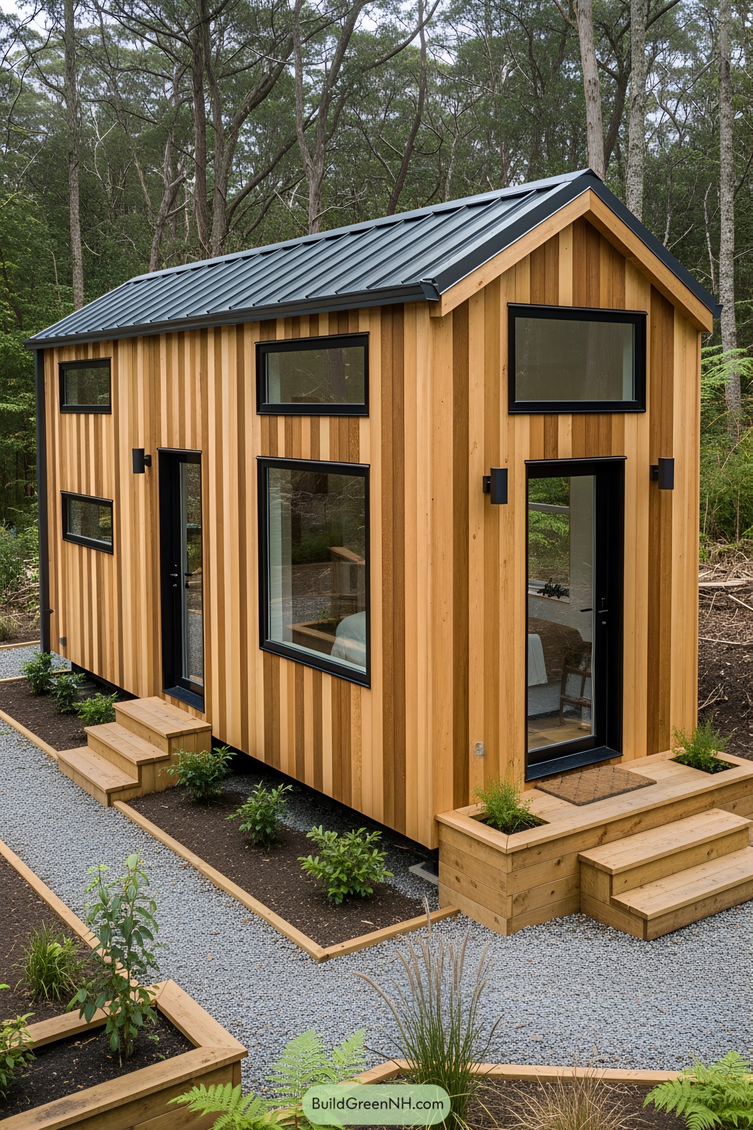 A cozy wooden tiny house with large windows surrounded by trees