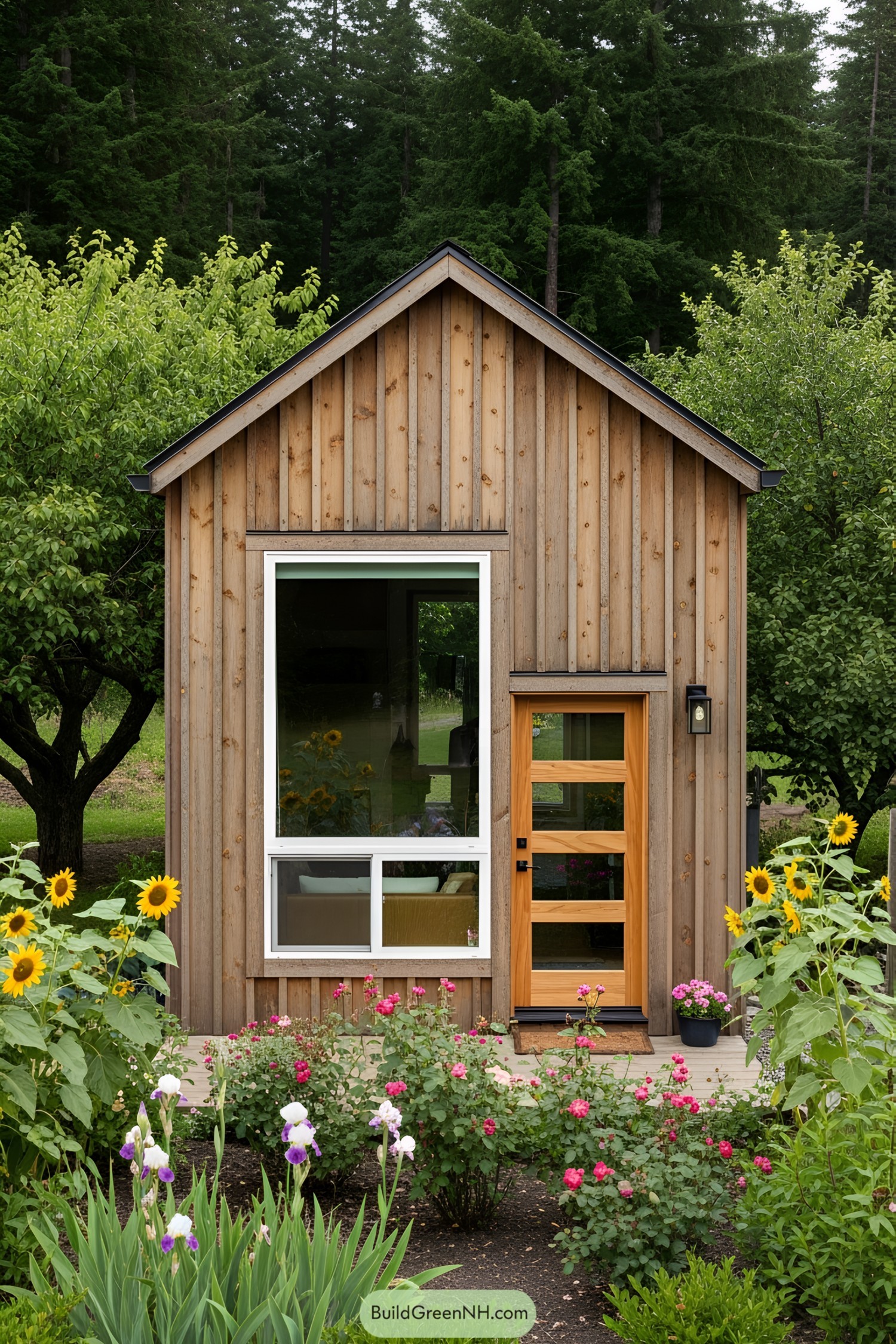 A tiny house nestled in vibrant greenery