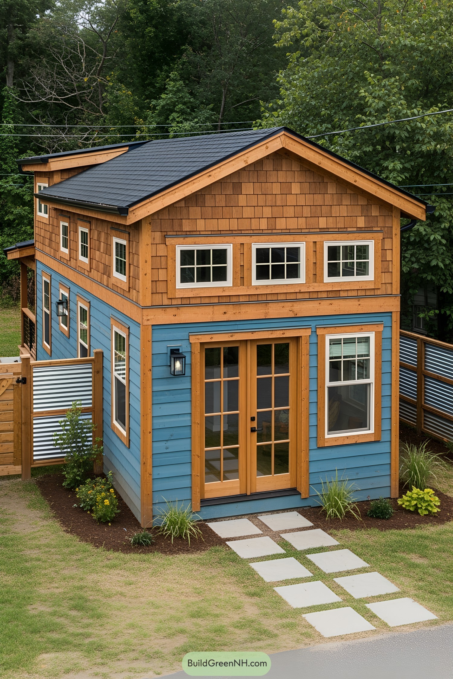 Tiny house with blue and wooden exterior amidst greenery