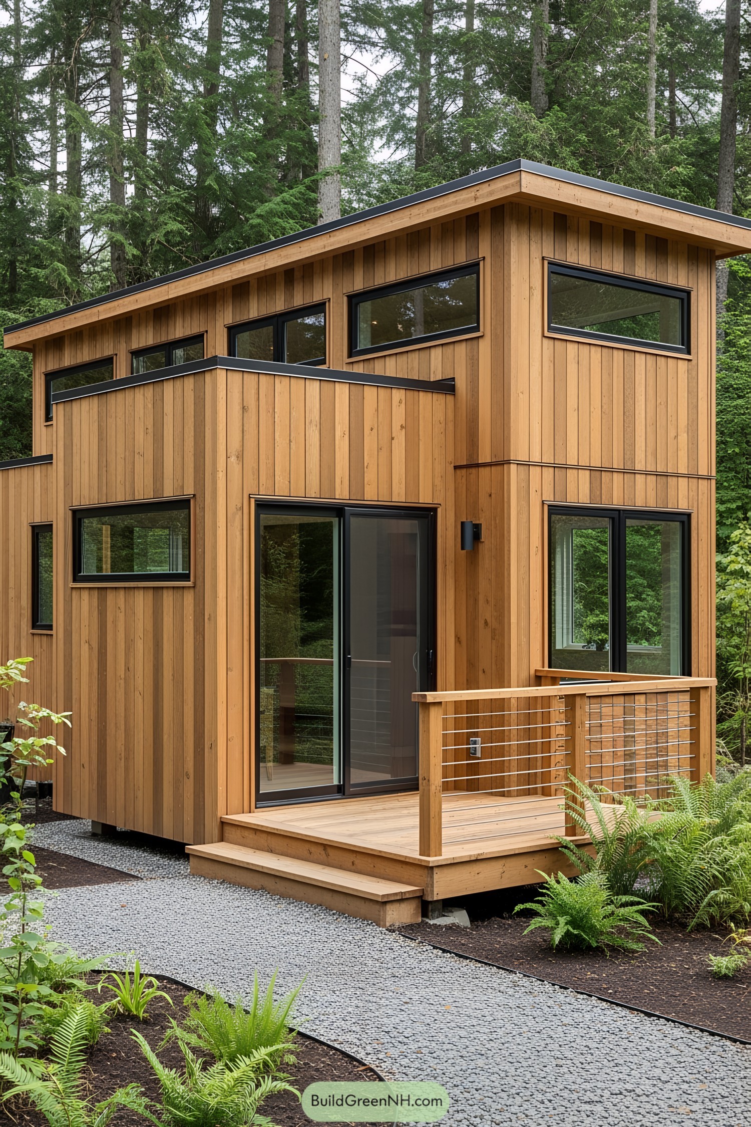 Small, wooden tiny house in a forest setting