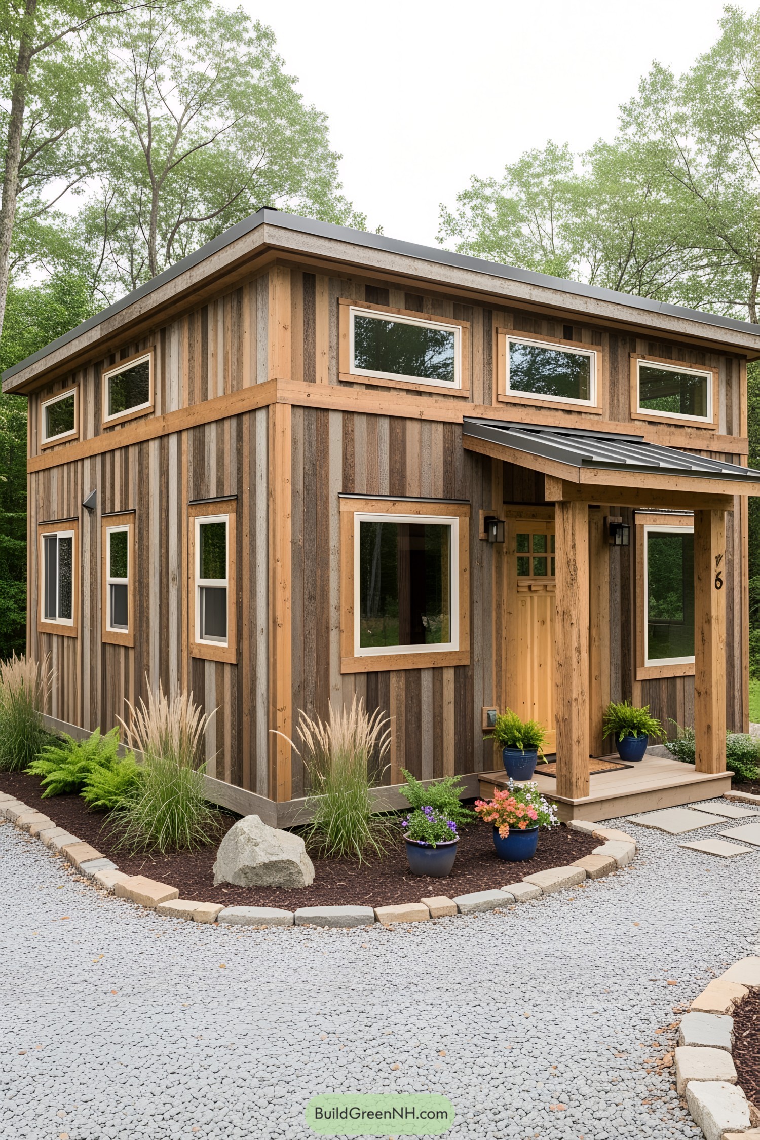 Tiny rustic wooden house with well-kept garden in a forest setting