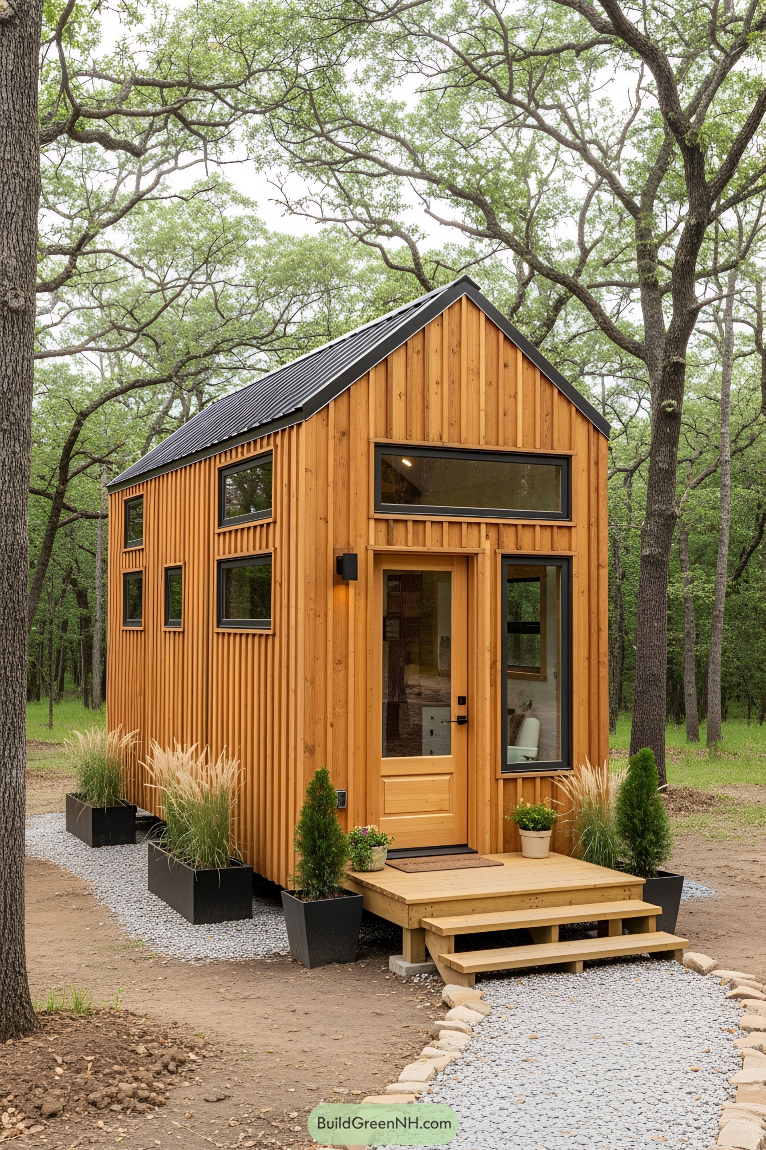Compact wooden house surrounded by trees