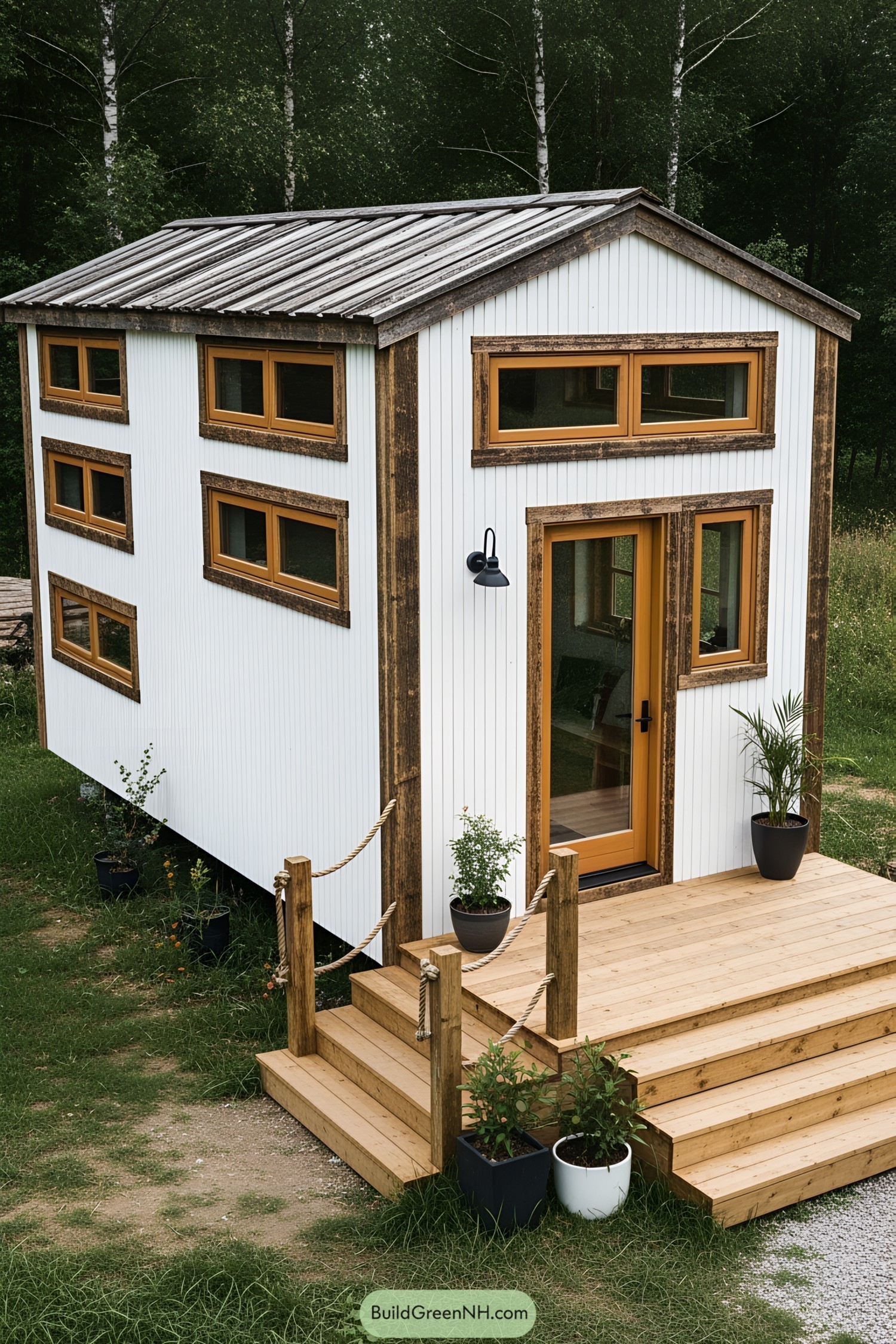 Compact rustic house with a wooden deck amidst greenery