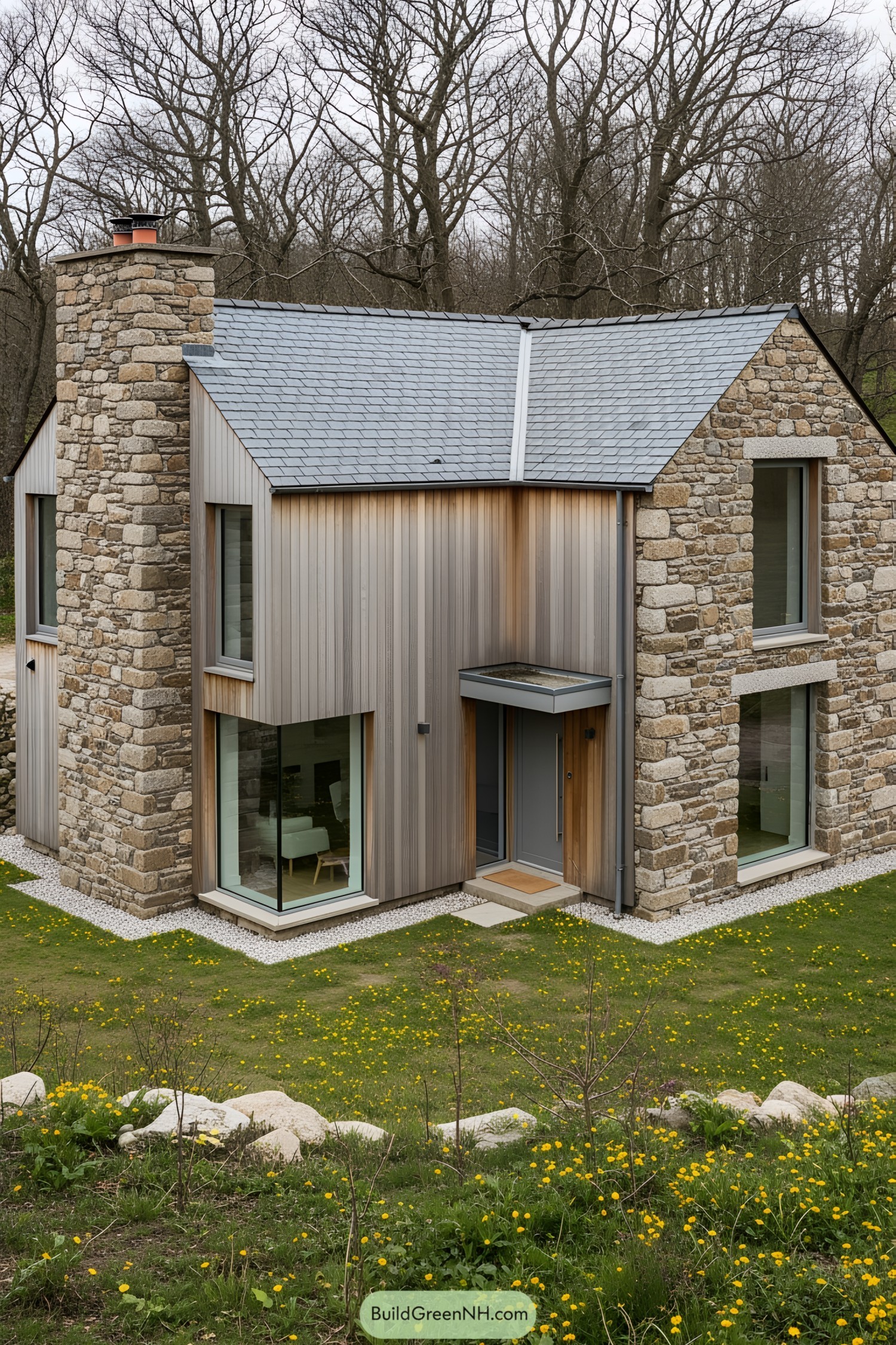 Modern stone cottage with sleek lines and glass features
