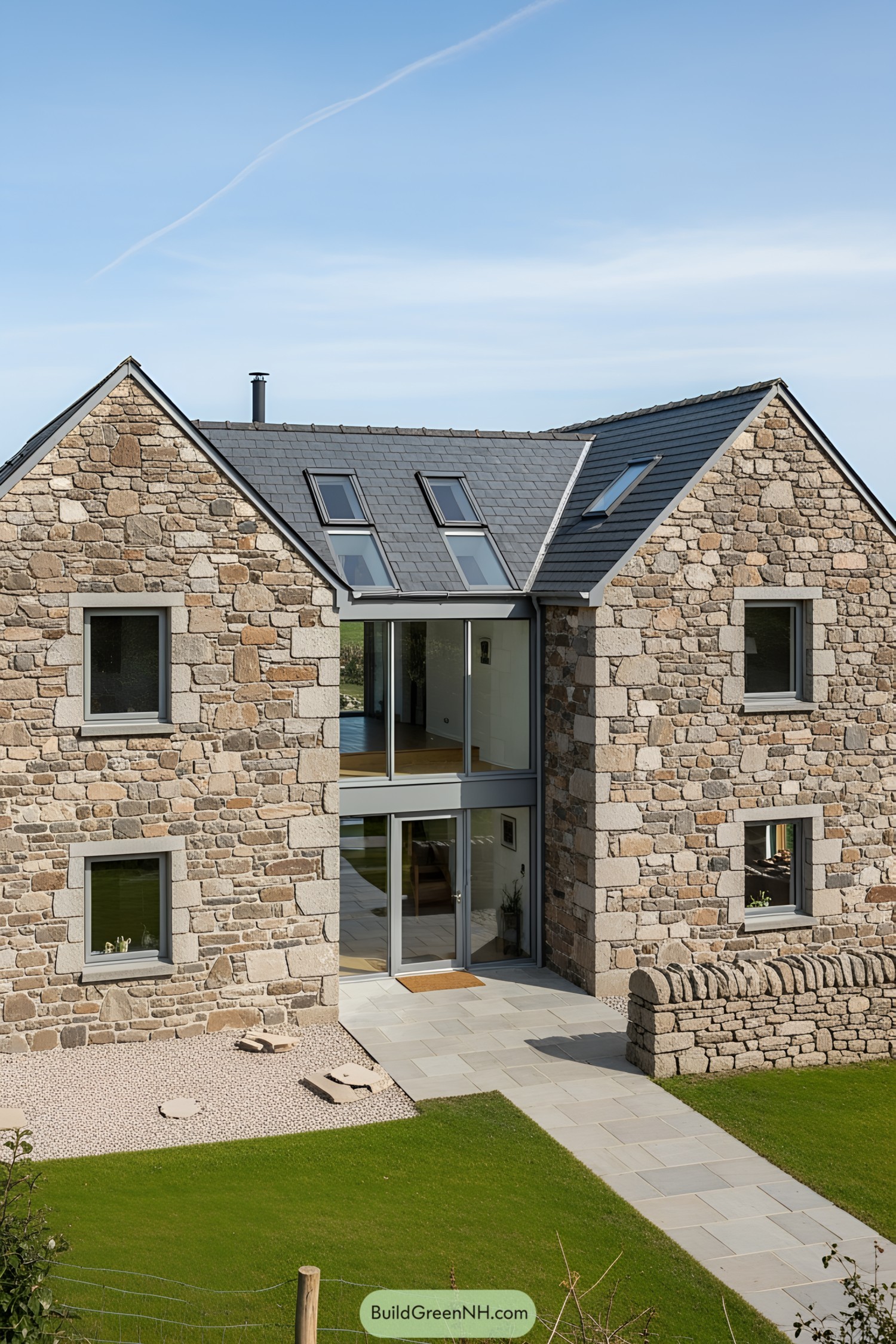 Contemporary stone cottage with a glass entry