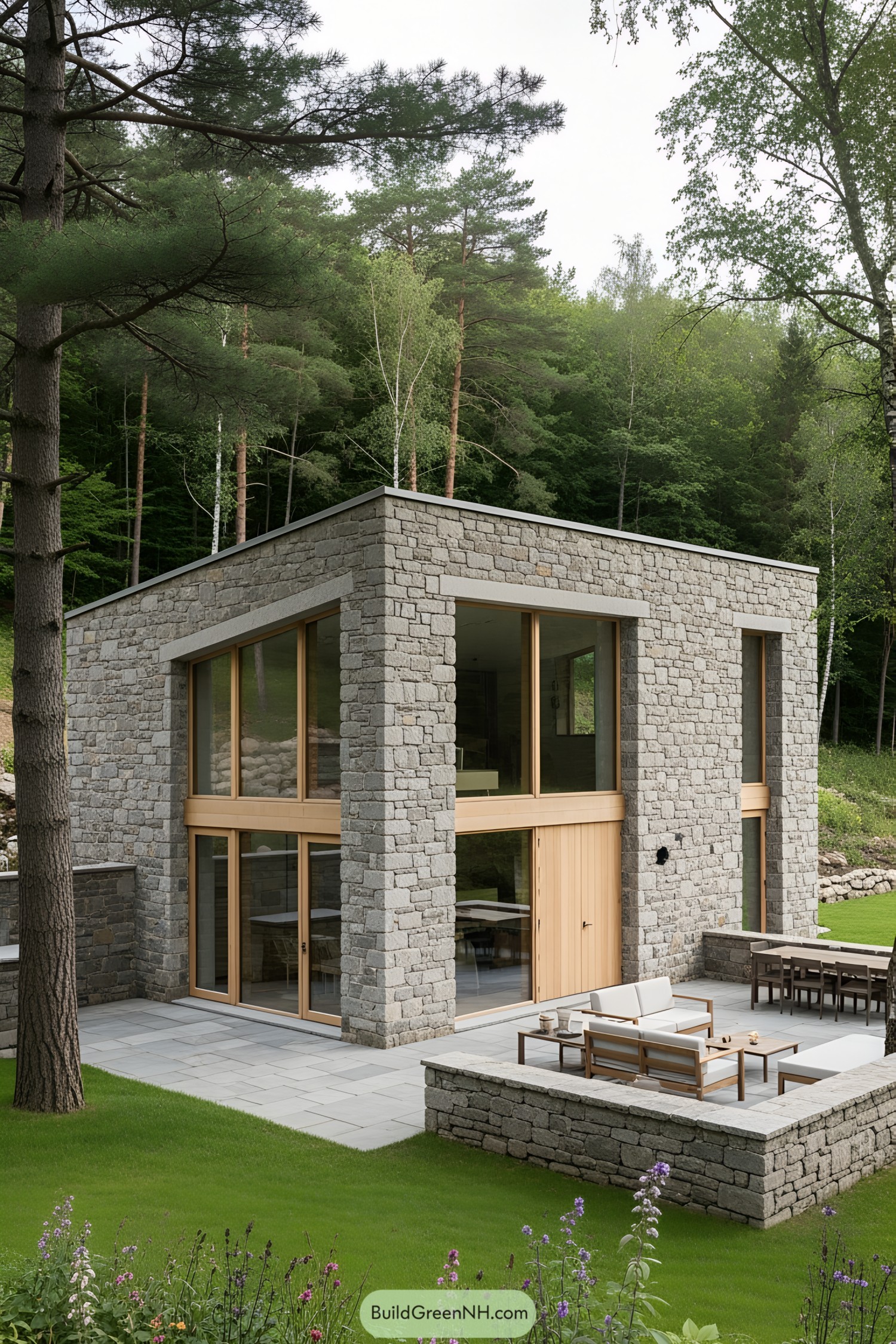 Modern stone cottage with expansive windows nestled in a lush forest