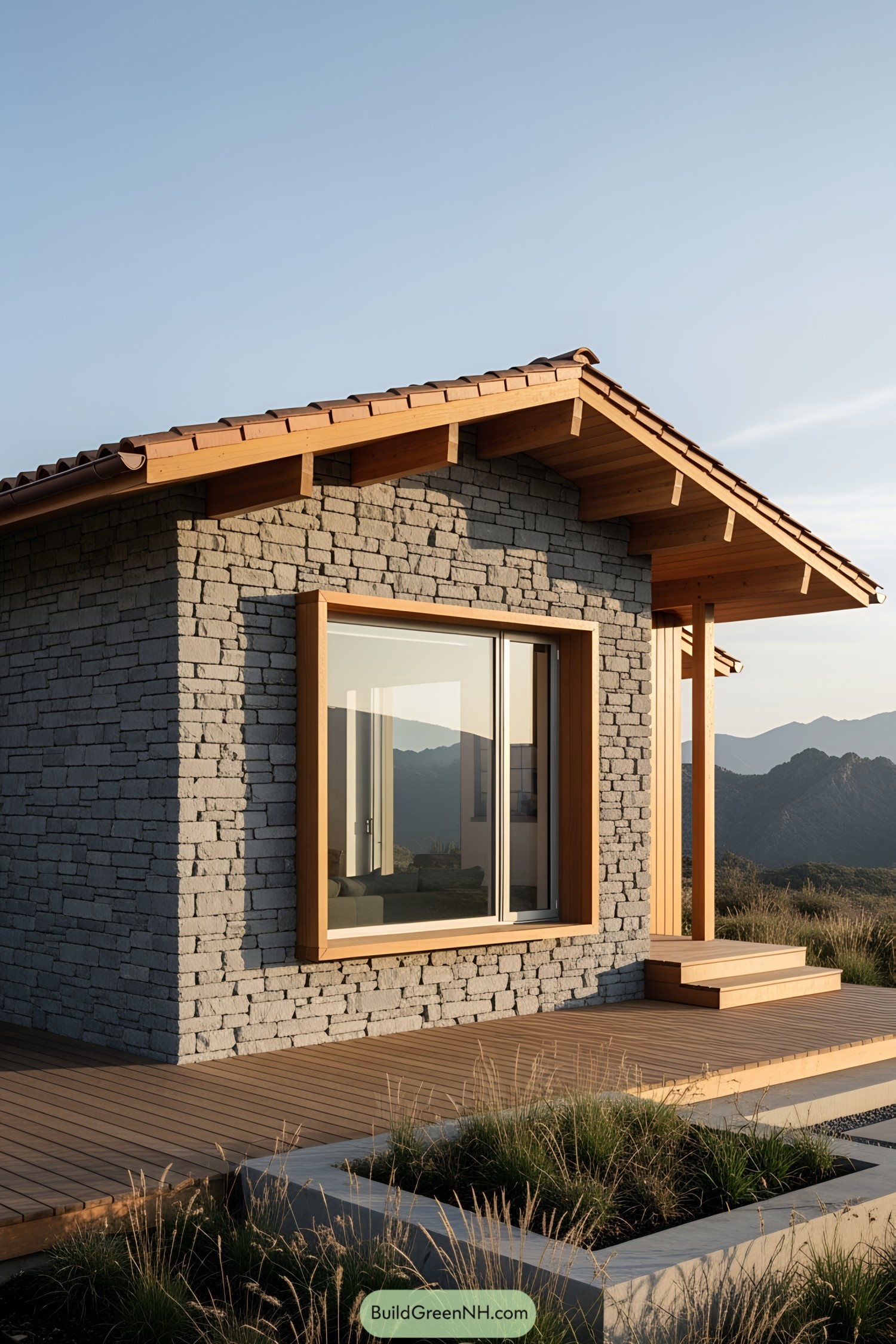 Modern stone cottage with a wooden deck and mountain backdrop