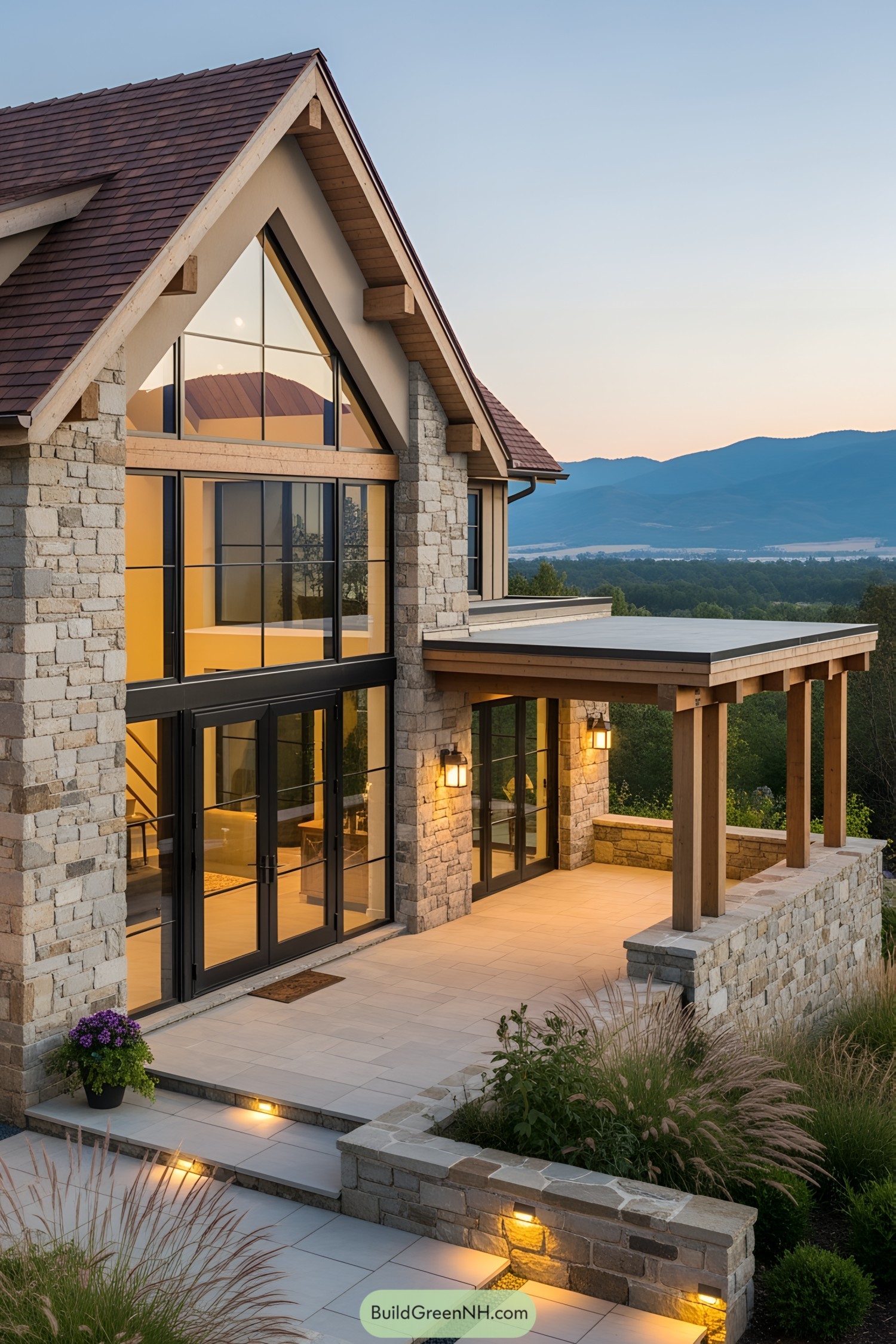 Modern stone cottage with expansive glass windows