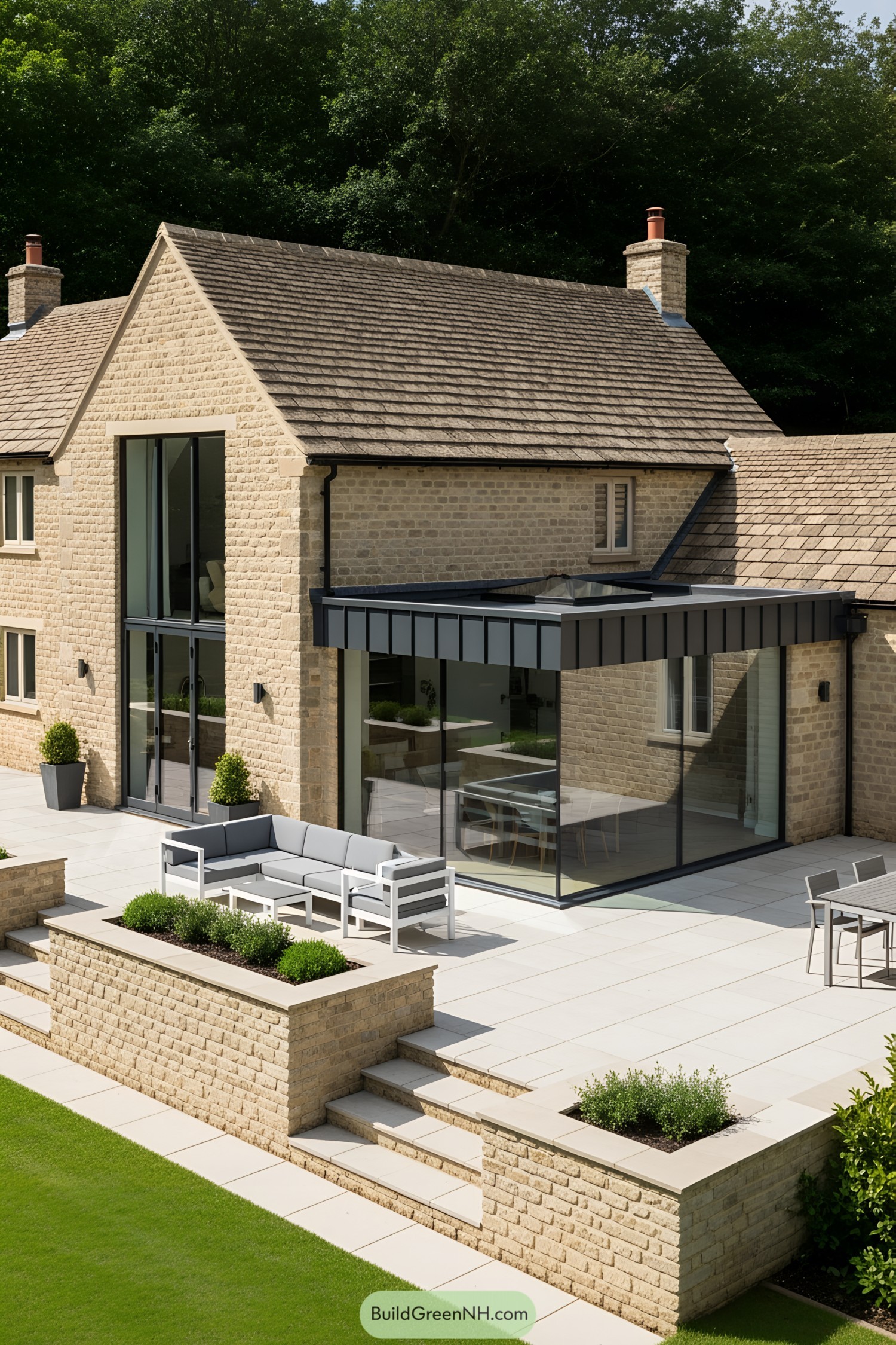 Modern stone cottage with large glass section