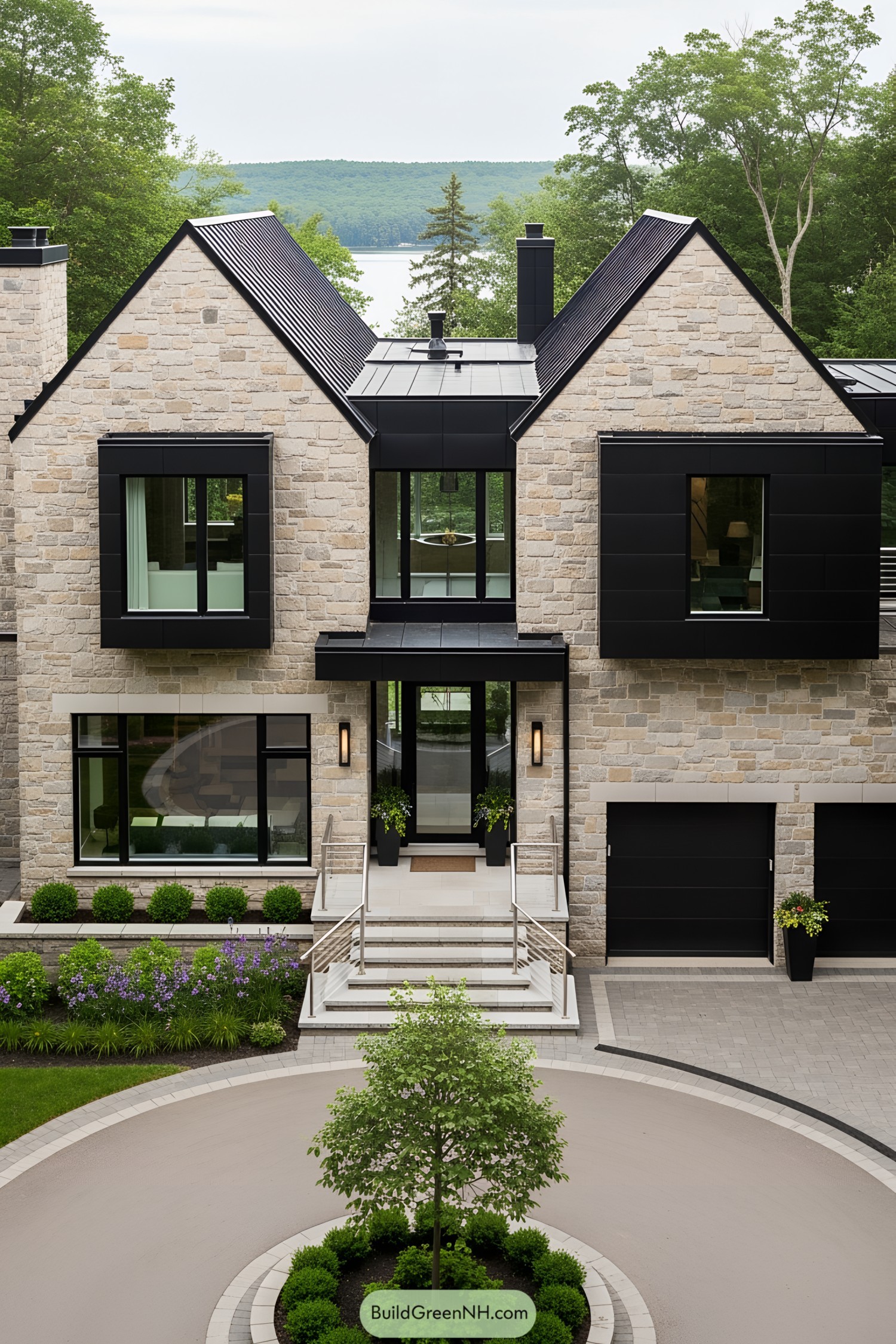 Contemporary stone cottage with sleek black accents