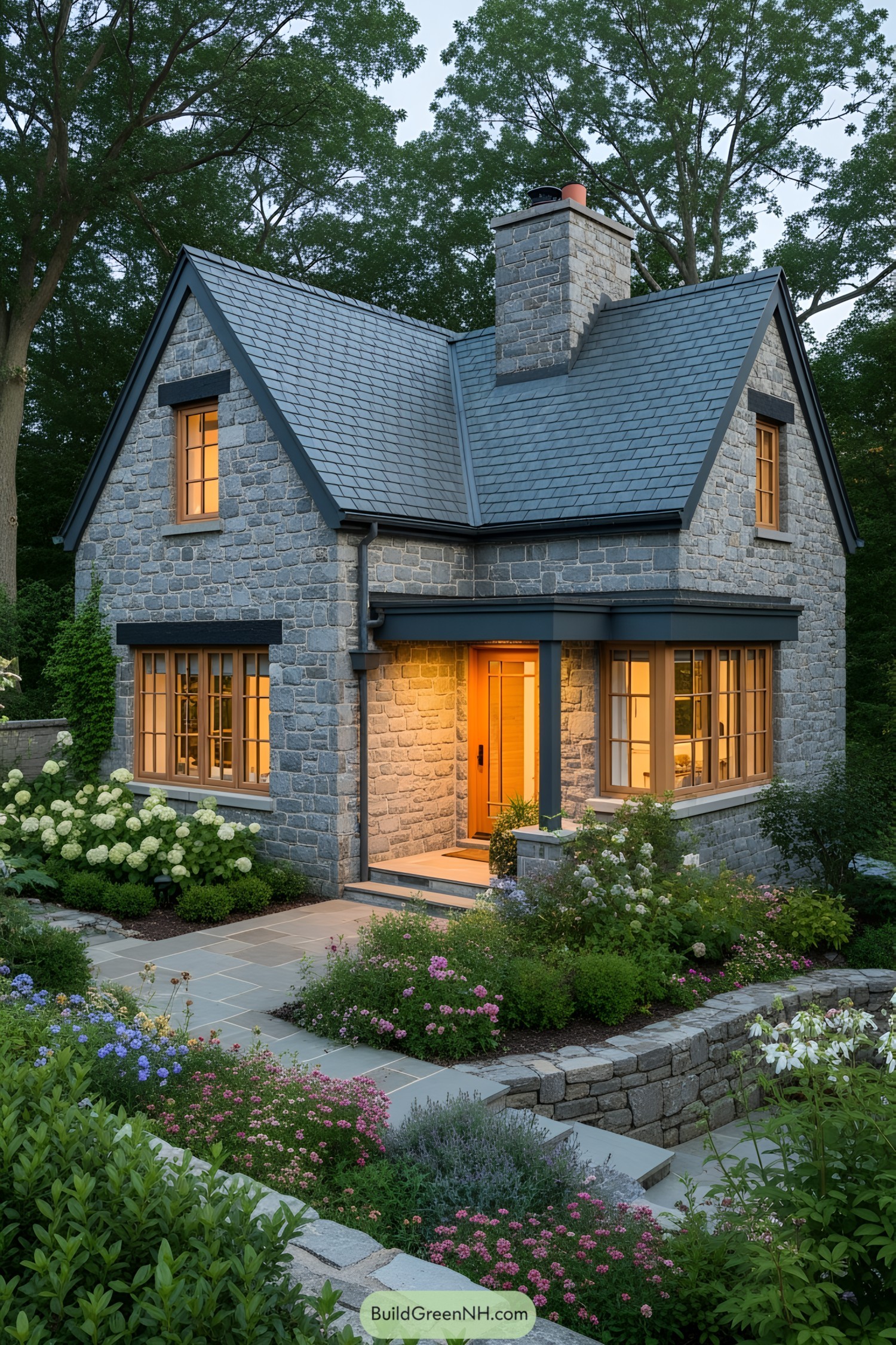 Cozy stone cottage surrounded by lush gardens with illuminated windows