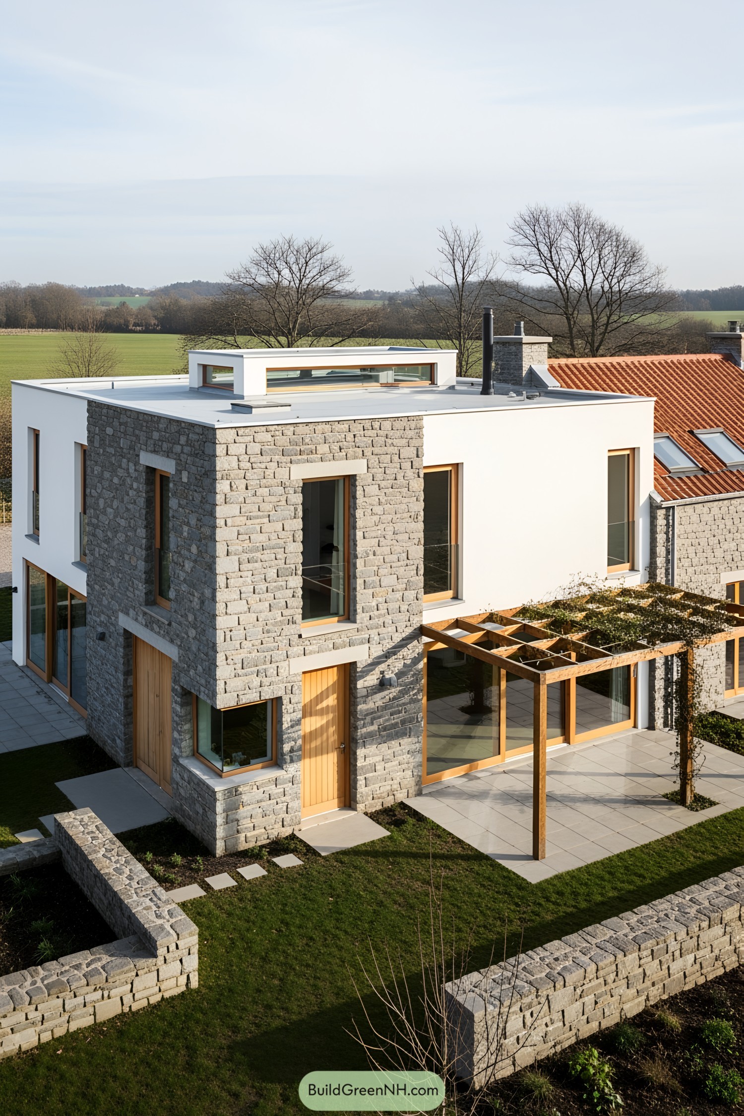 Modern stone cottage with large windows and wooden accents