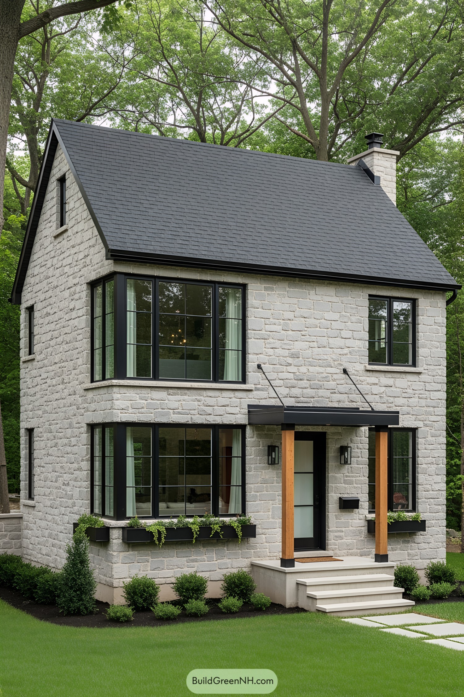 Modern stone cottage with black window frames and lush greenery