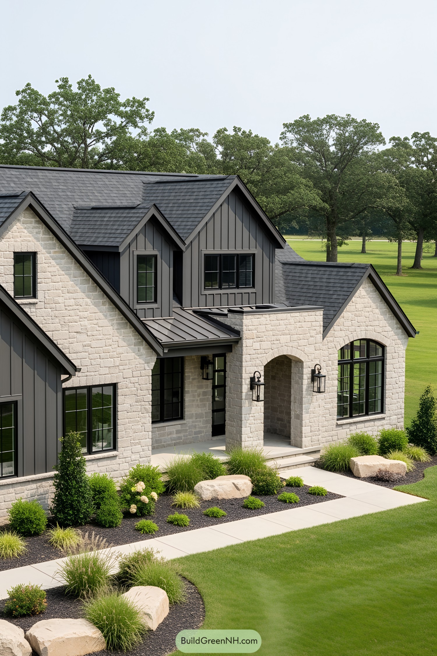 Modern stone cottage with sleek black accents