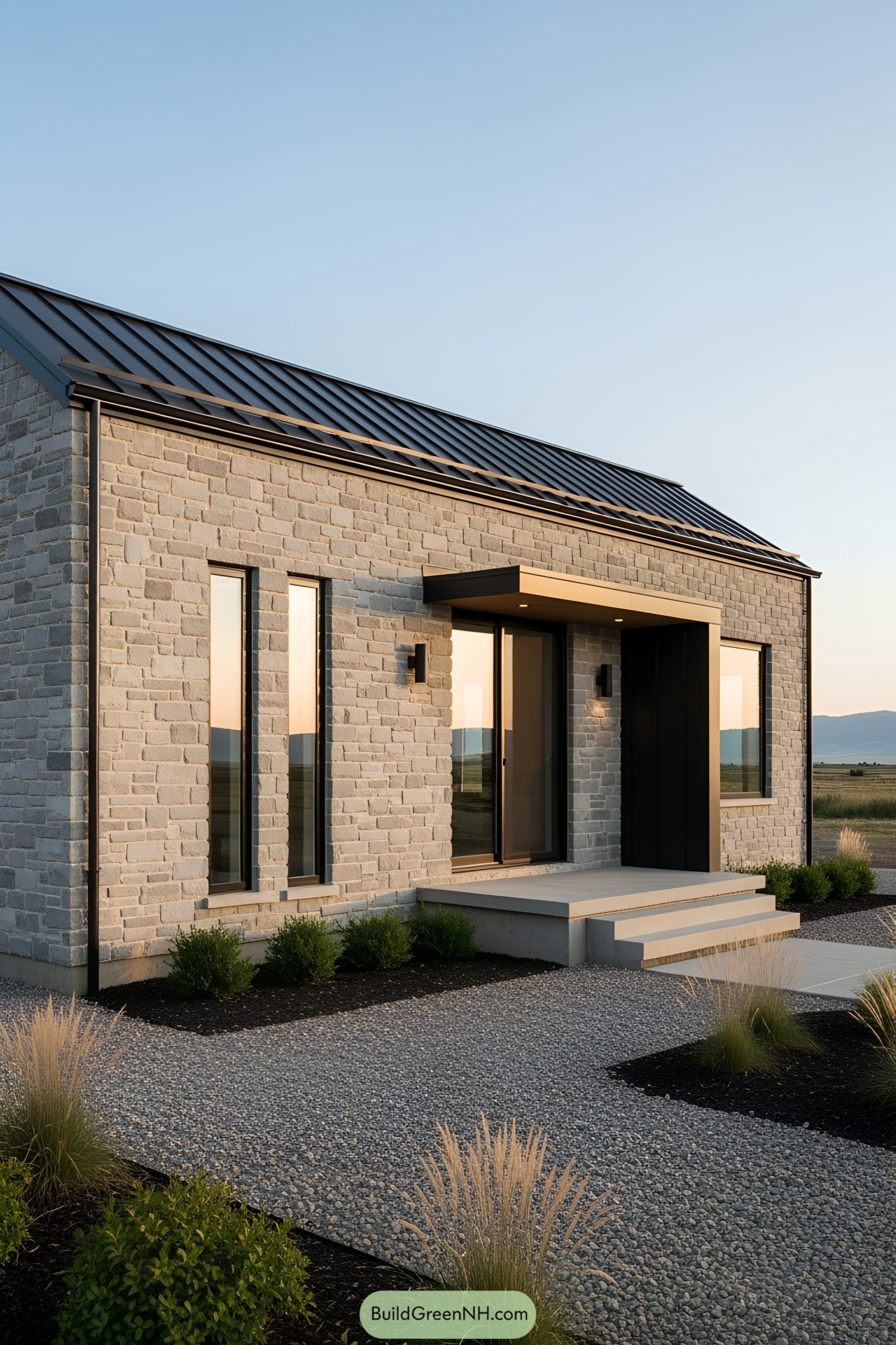 Modern stone cottage with sleek design elements