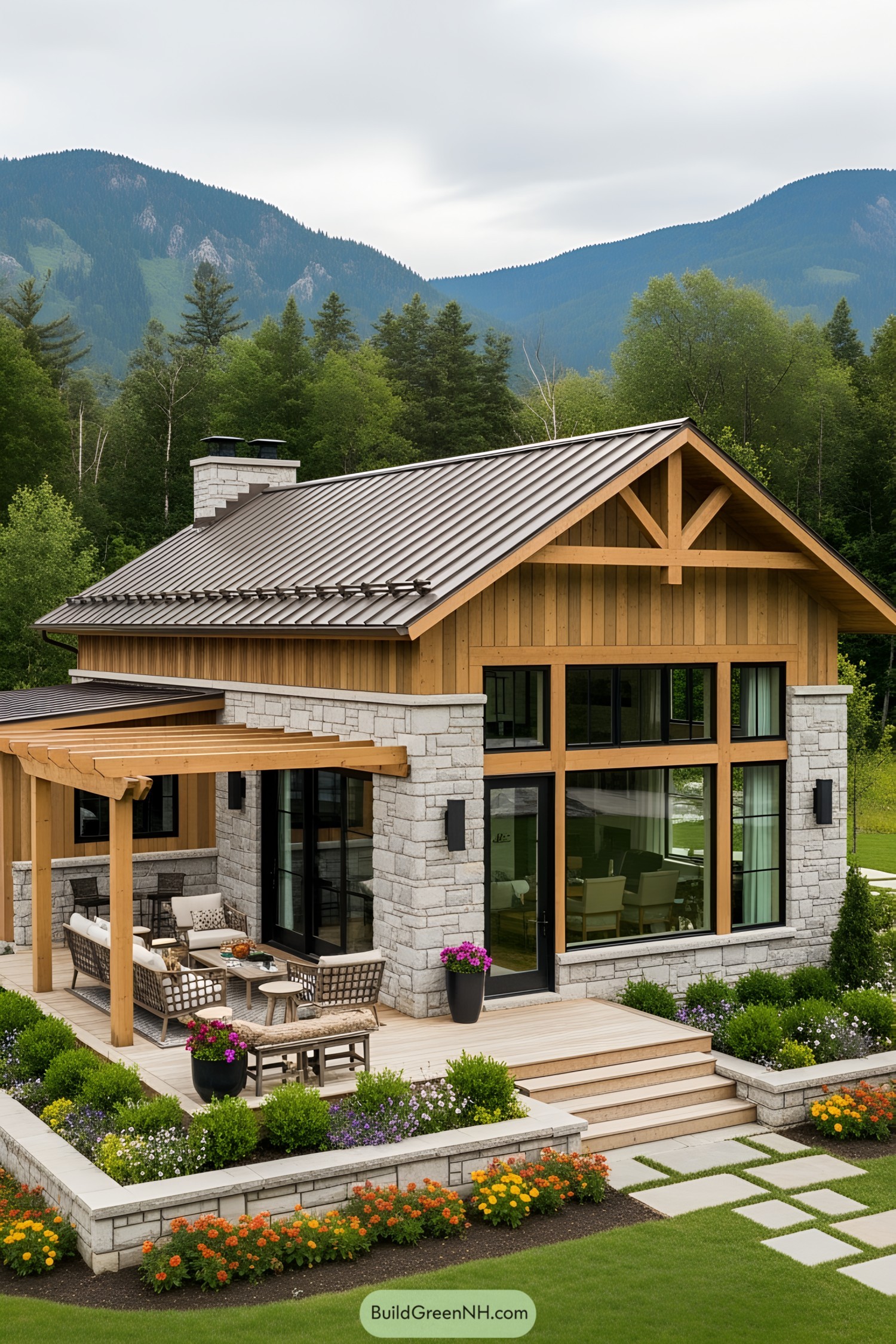 Modern stone cottage with glass windows and lush greenery